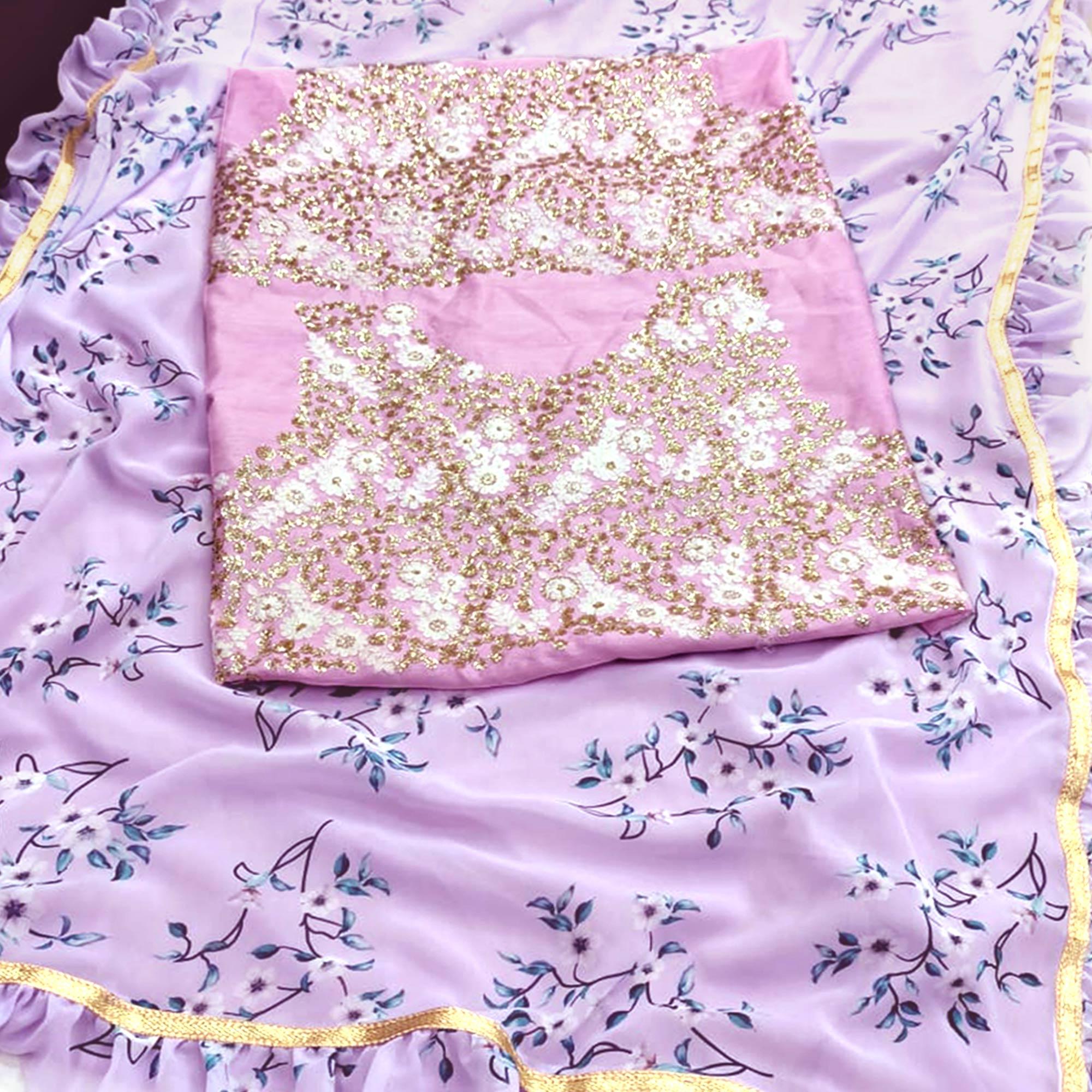 Peachmode Glorious Light Pink Colored Partywear Floral Printed Georgette Saree With Ruffel Border