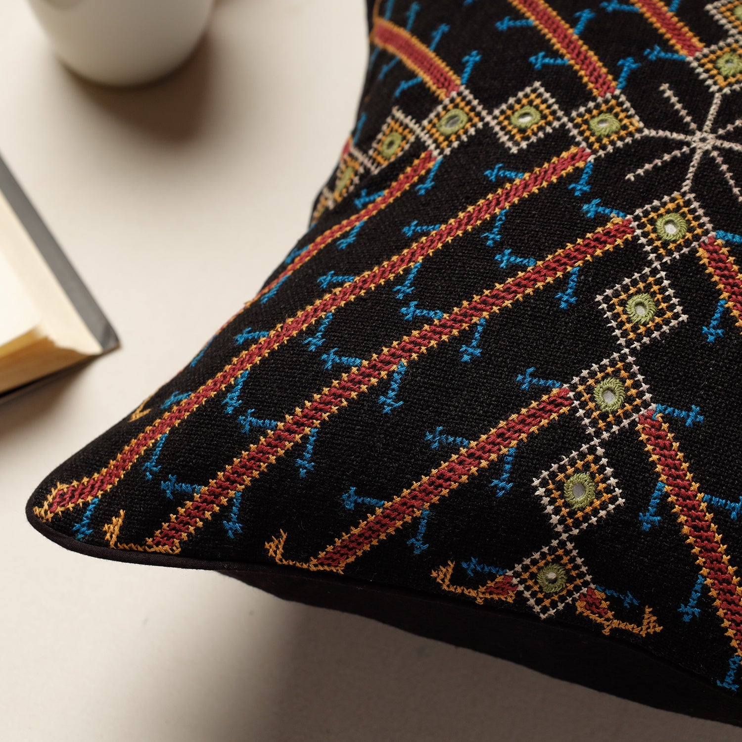 Black - Kala Raksha Jat Hand Embroidery Cotton Cushion Cover (12 x 12 in) - view 2