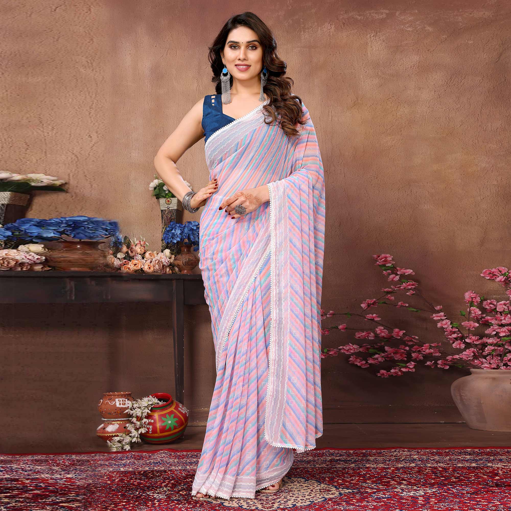 Peachmode Seller Lavender Printed Striped Printed Ready To Wear Georgette Saree - view 2
