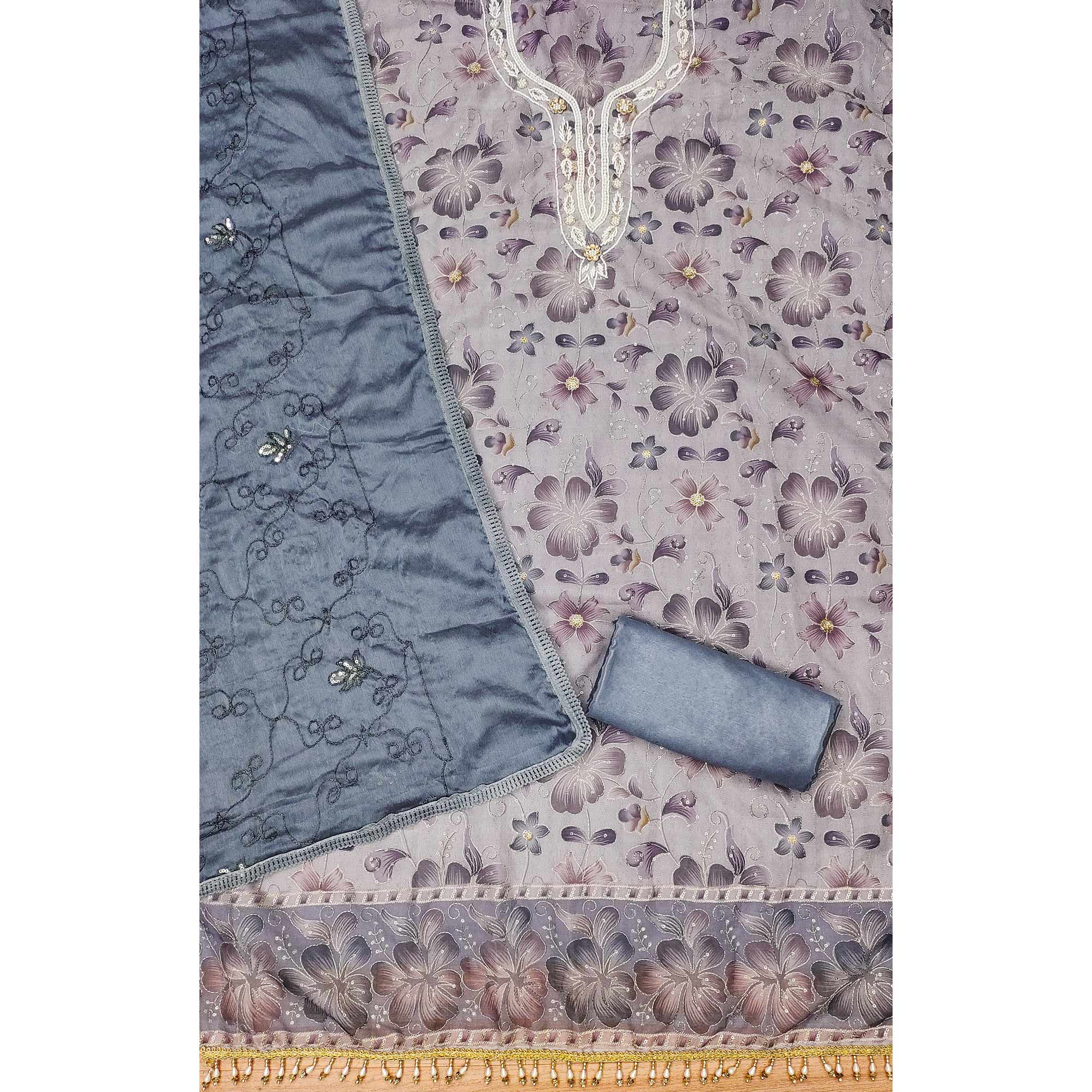 Peachmode Light Lavender Floral Sequins Embroidered With Printed Organza Dress Material - view 4