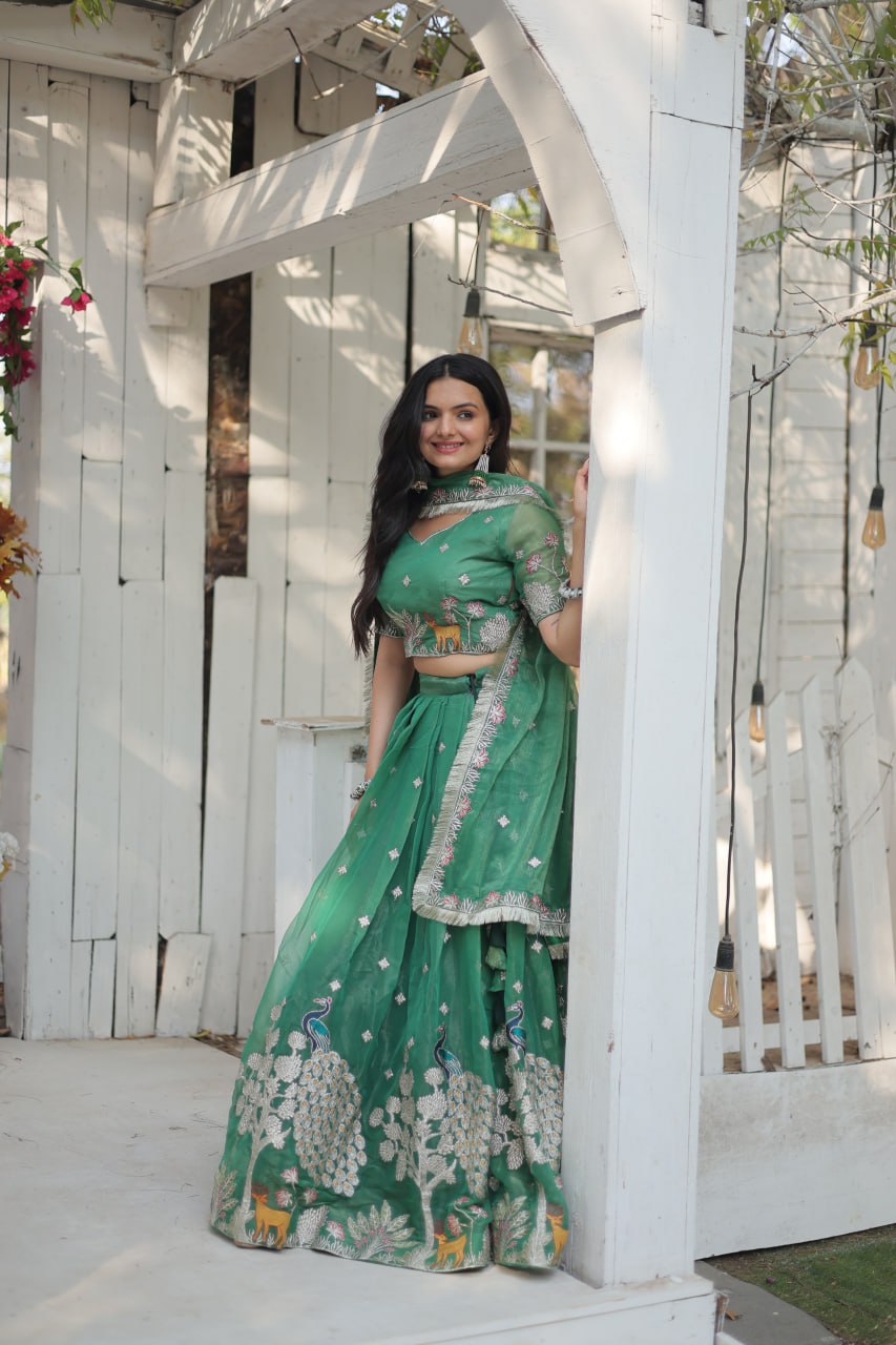 ClothsVilla Green Elegant Gold Coin Lehenga Choli with Sequins & Thread Embroidery - view 2