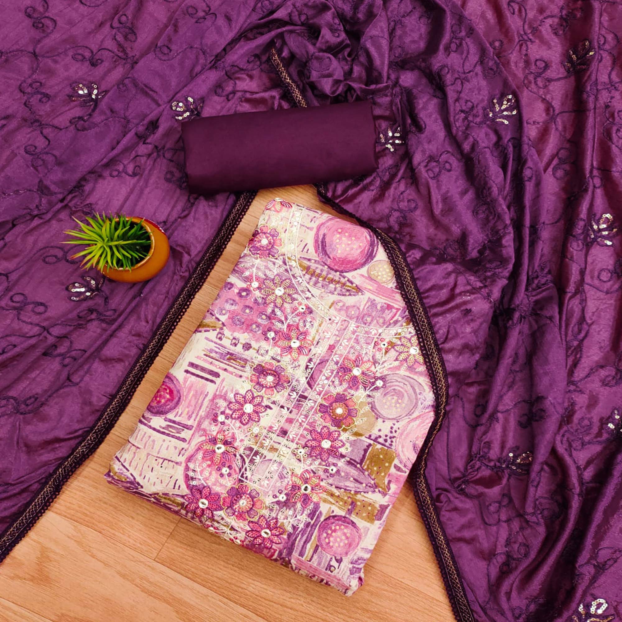 Peachmode Magenta Foil Printed Pure Cotton Dress Material