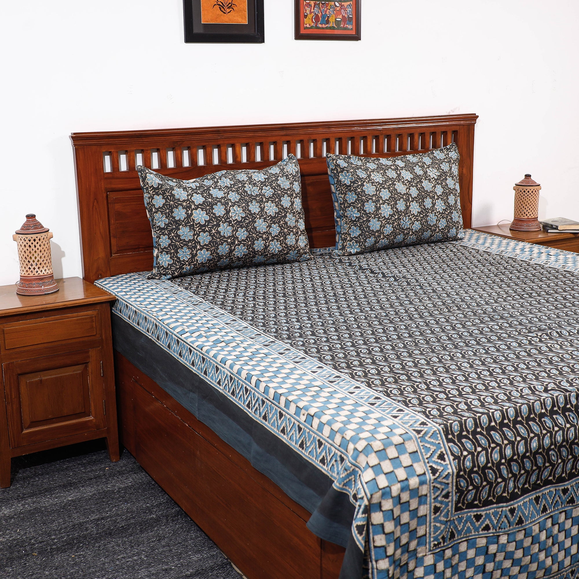 HAVELI CHRONICLES Brown - Pipad Block Printed Cotton Double Bed Cover with Pillow Covers (108 x 90 in)