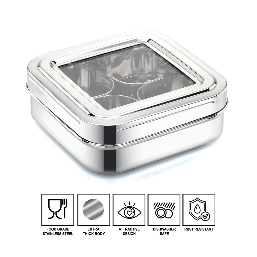 AVIAS Square Stainless Steel Spice Box with See-Through Glass Lid | 4 Compartments and 1 Spoon | Silver - view 3