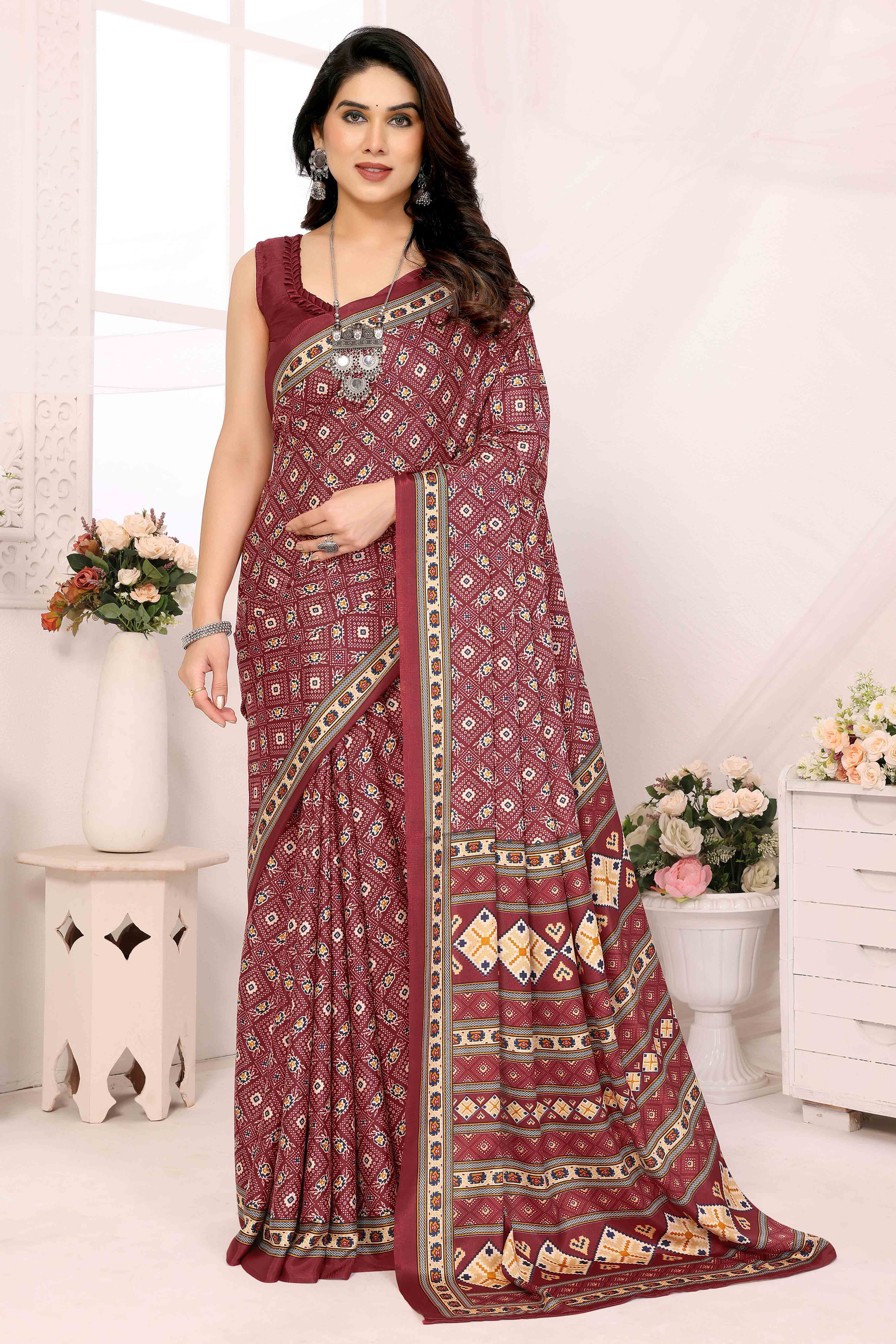 Peachmode Maroon Floral Printed Silk Crepe Saree