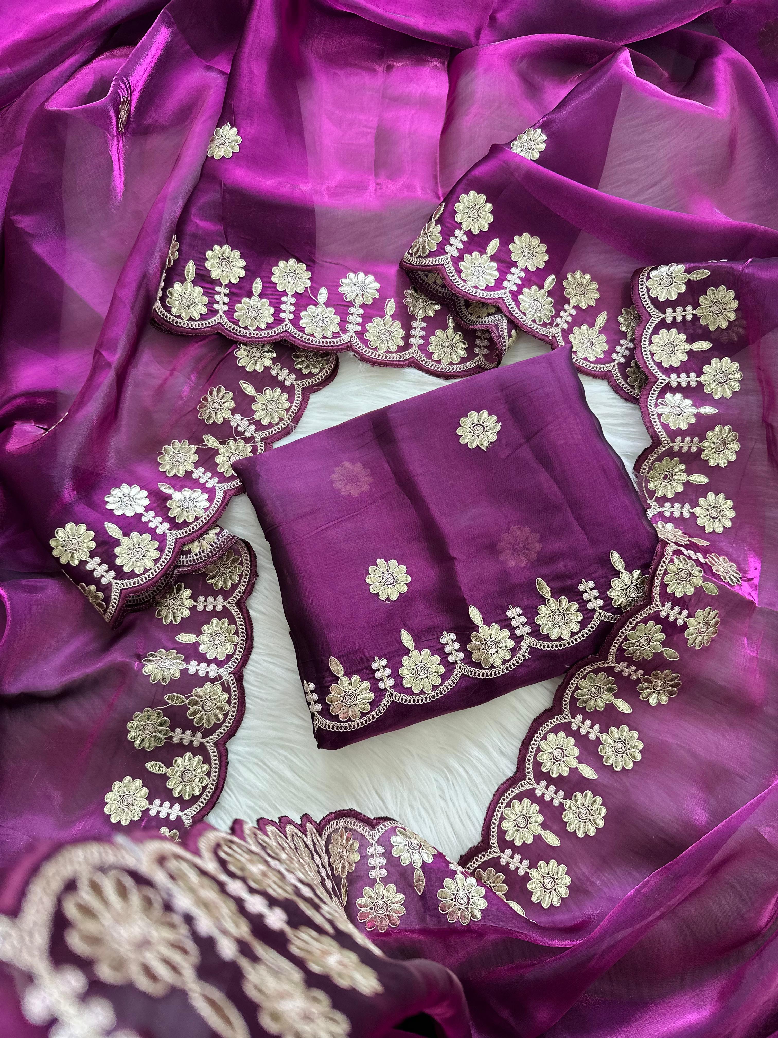 ClothsVilla Purple Jimmy Choo Saree with Beautiful Jaipuri Gota Work – Complete with Matching Running Blouse - view 2