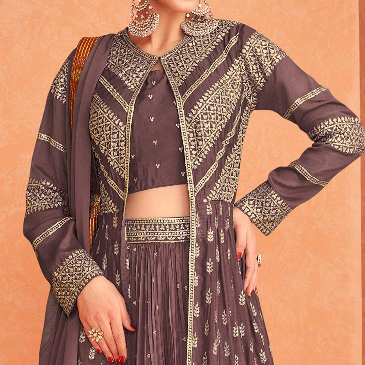 Peachmode Seller Brown Sequins Embroidered Georgette Lehenga Choli With Jacket - view 2