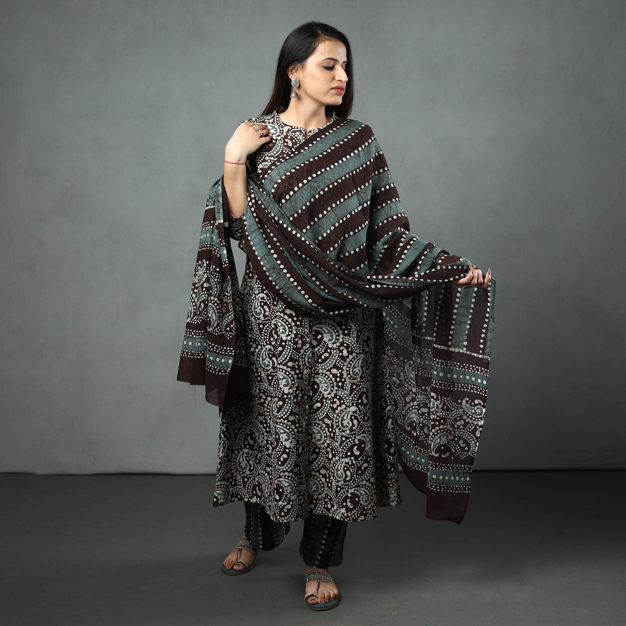 ITOKRI CASUALS Brown - Hand Batik Printed Cotton Kurta with Palazzo & Dupatta Set