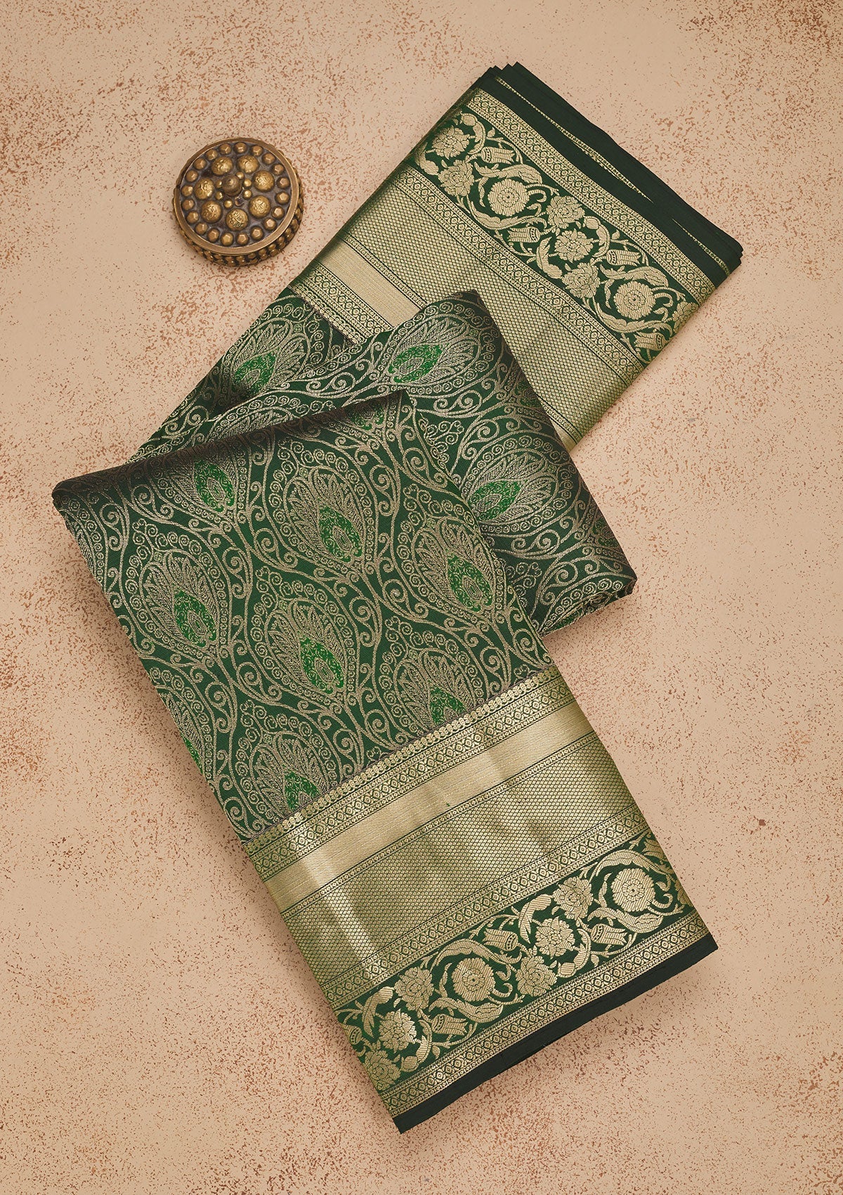 Koskii Bottle Green Zariwork Pure Silk Saree – Women's
