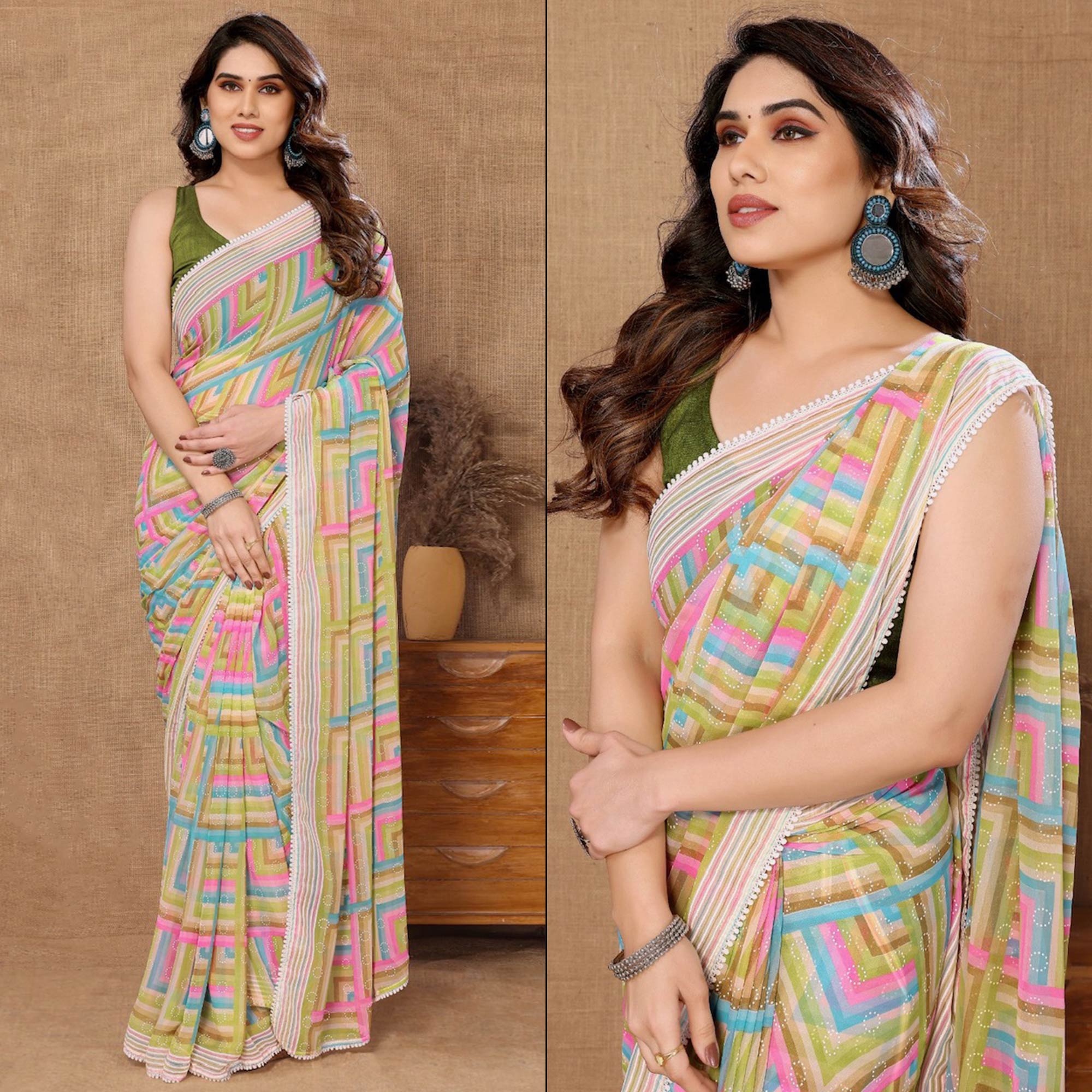 Green sarees – BlackTree green-geometric-printed-ready-to-wear-georgette-saree