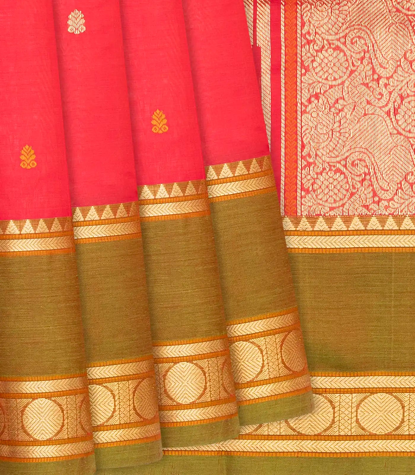 RmKV Dark Peach Handloom Silk Cotton Saree With Floral Buttas-Dark Peach