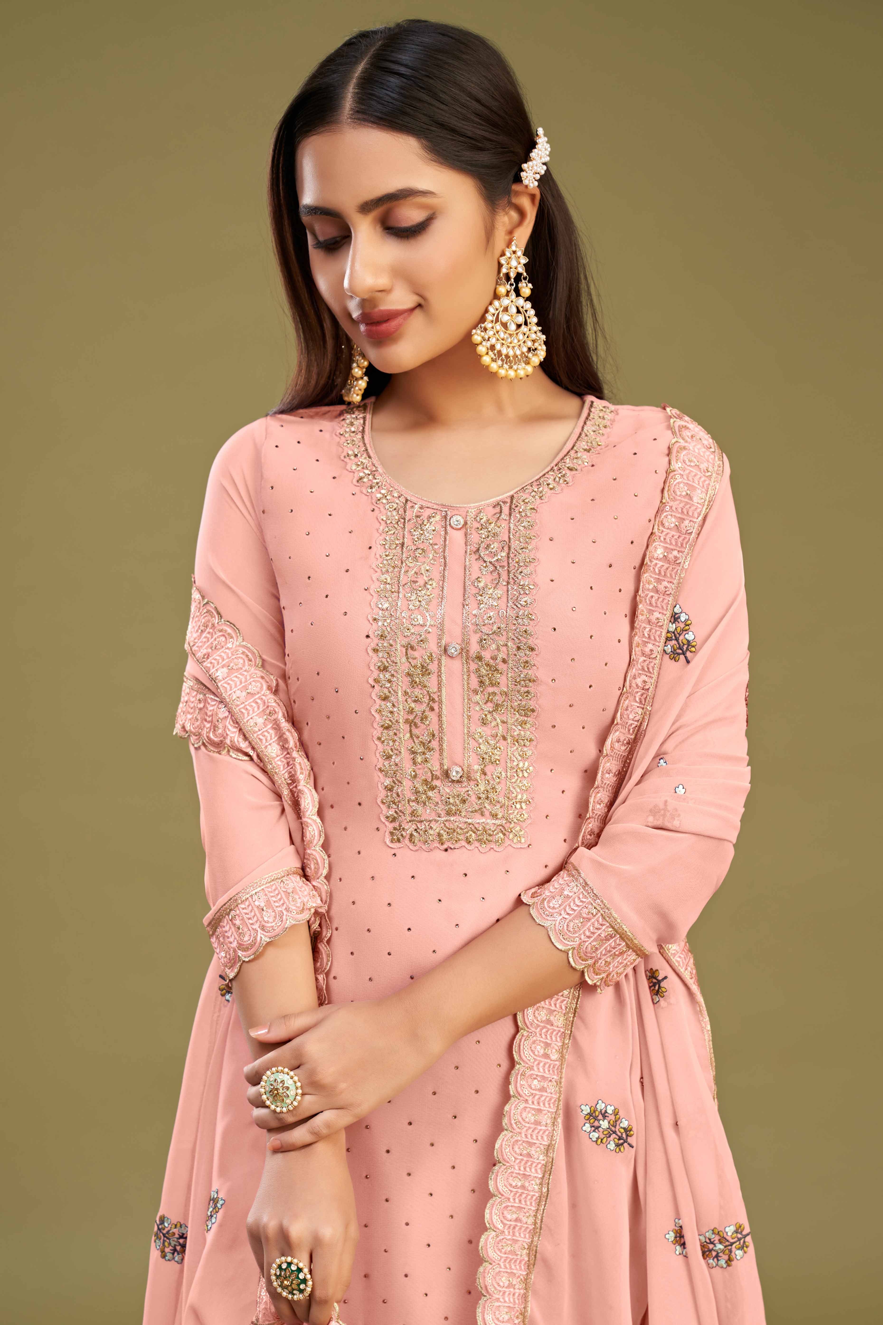 Peachmode Seller Gajari Pink Floral Embroidery With Swarovski Work Georgette Semi Stitched Suit - view 4