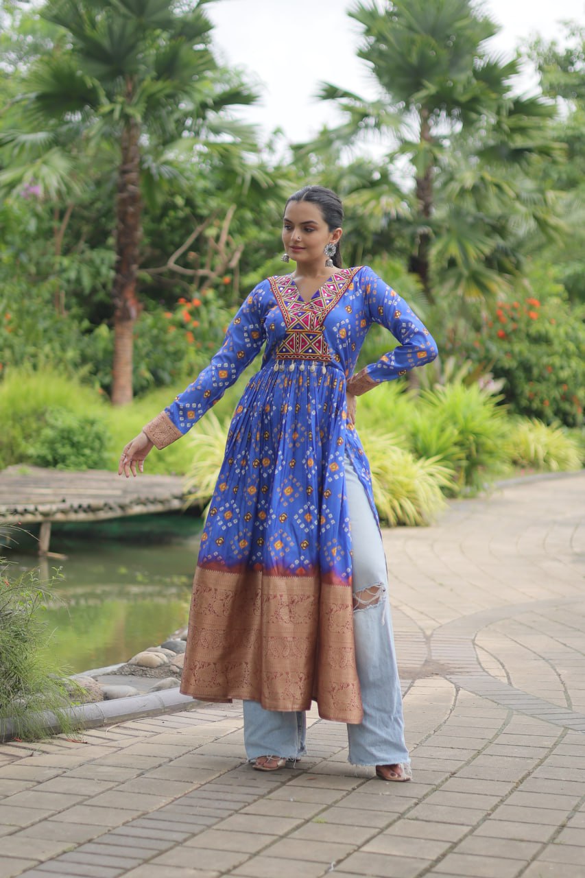 ClothsVilla.com Blue Designer Printed Kurti in Heavy Cotton with Kutchi Gamthi Lace and Kodi Work - view 4
