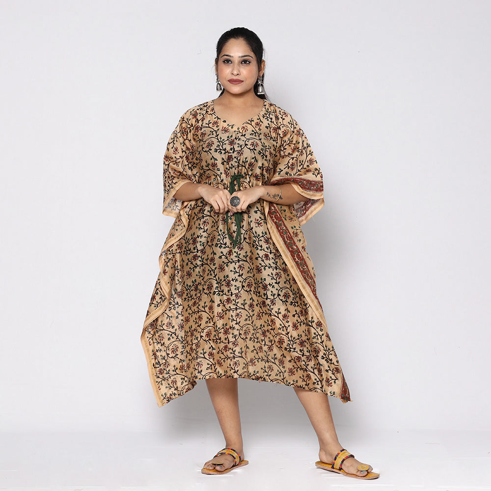 ITOKRI CASUALS Beige - Sanganeri Block Printed Chanderi Silk Kaftan with Tie-Up Waist (Medium)
