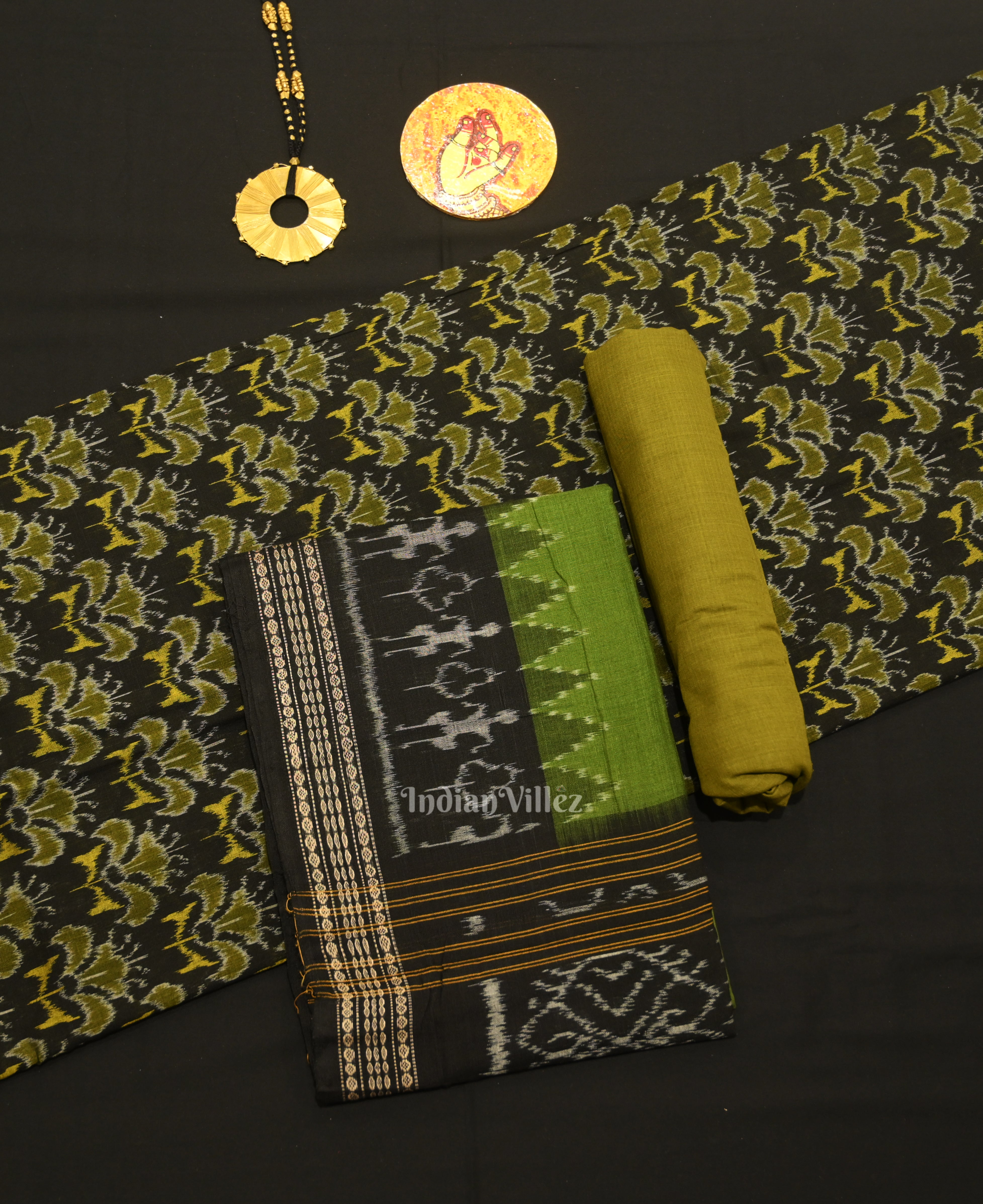 IndianVillèz Black Mehendi Odisha Ikat Sambalpuri Dress Set & Dupatta