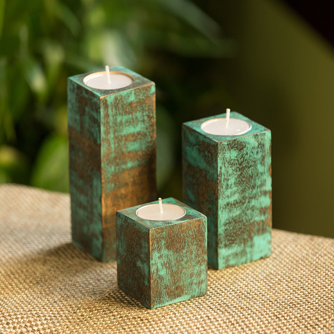 EXCLUSIVELANE 'Teal Blocks' Antique Finish Mango Wood Tea Light Holders (Set of 3)