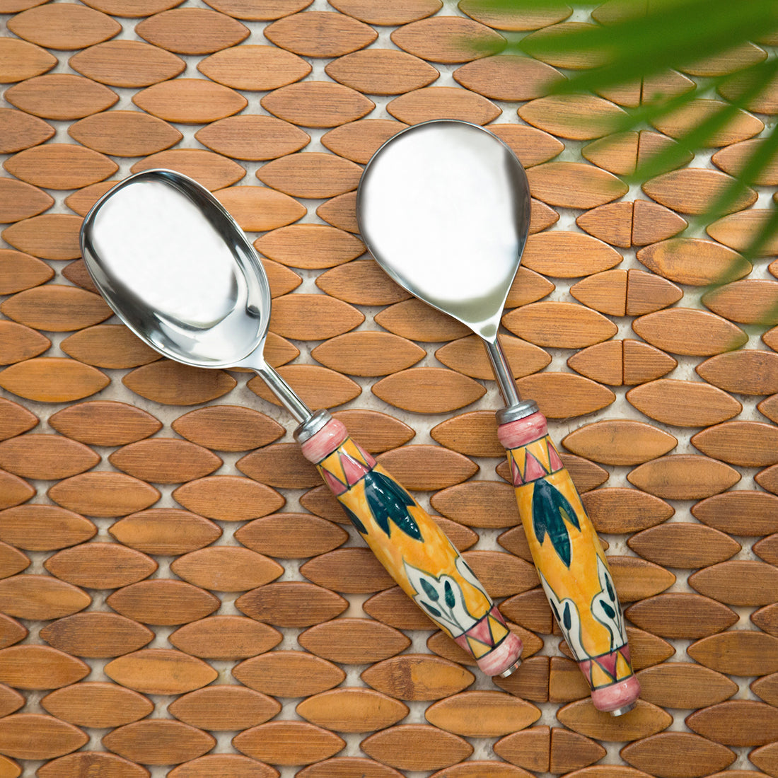 EXCLUSIVELANE 'The Mughal Patti' Handpainted Serving Spoon Set In Stainless Steel & Ceramic (Set of 2)