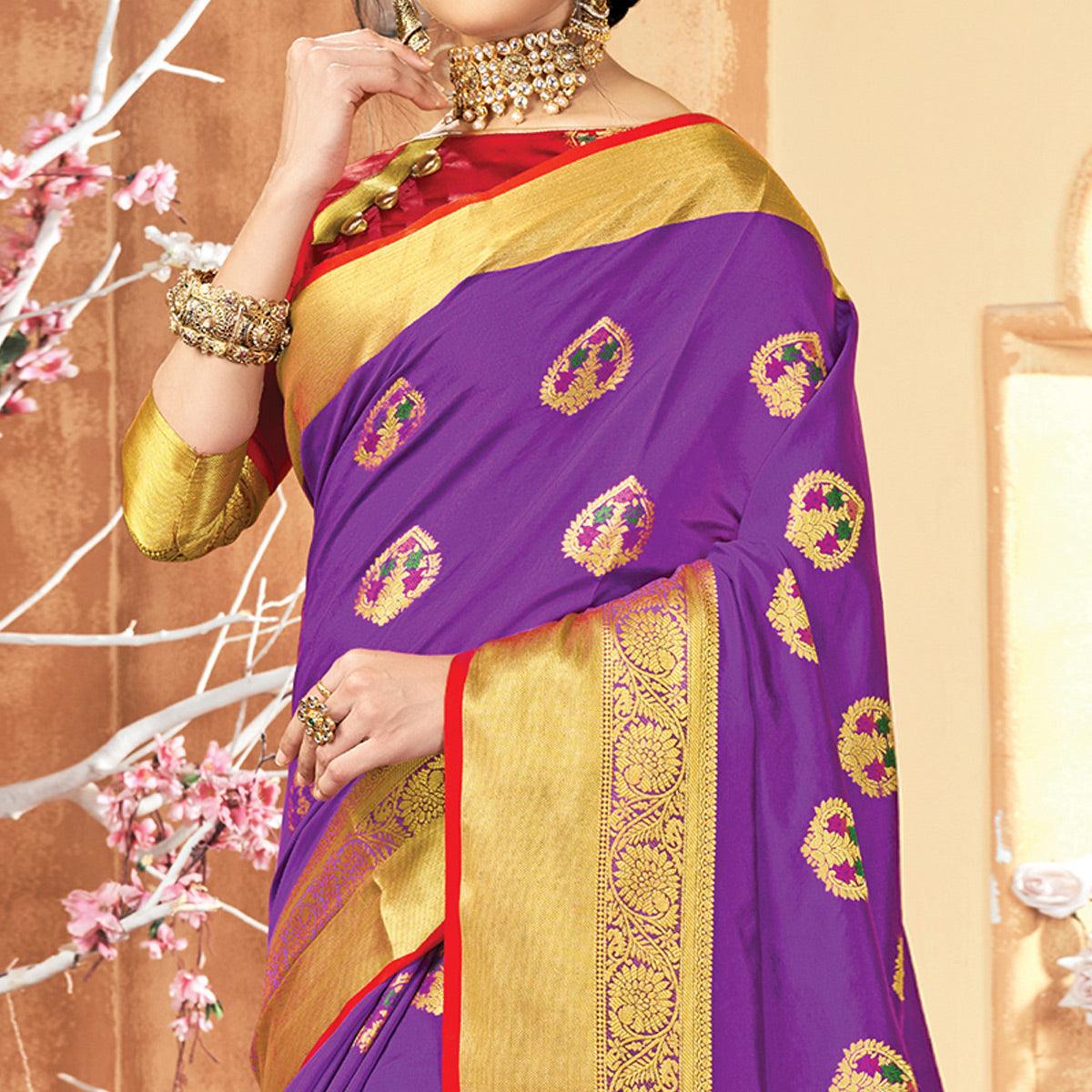 Peachmode Captivating Violet Colored Festive Wear Woven Silk Saree - view 2