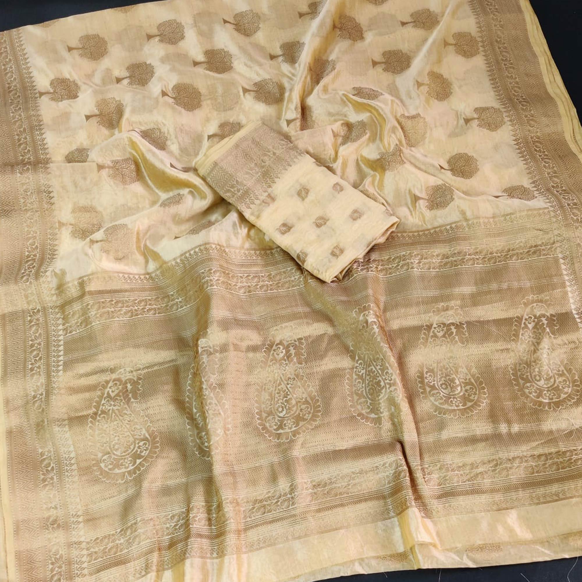 Peachmode Chikoo Festive Wear Woven Soft Organza Saree - view 2