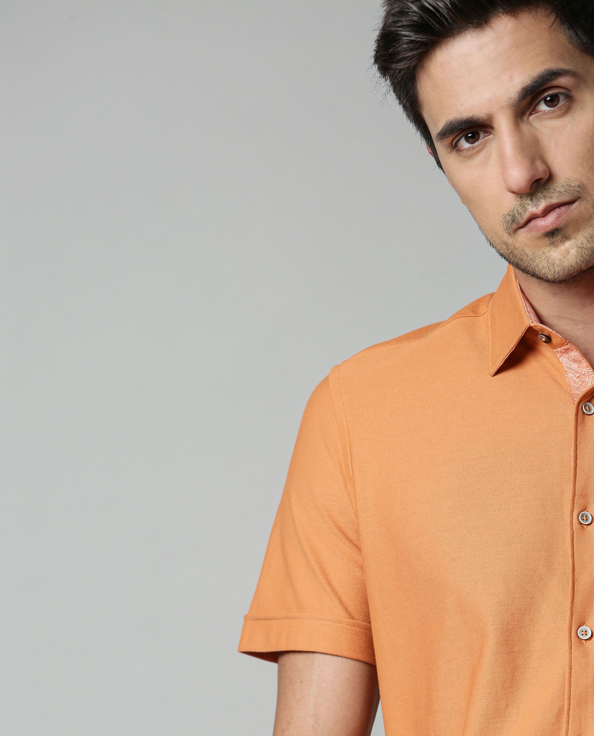 Rare Rabbit Men's Breath Orange Shirt Knit Fabric Short Sleeves Solid Slim Fit - view 3