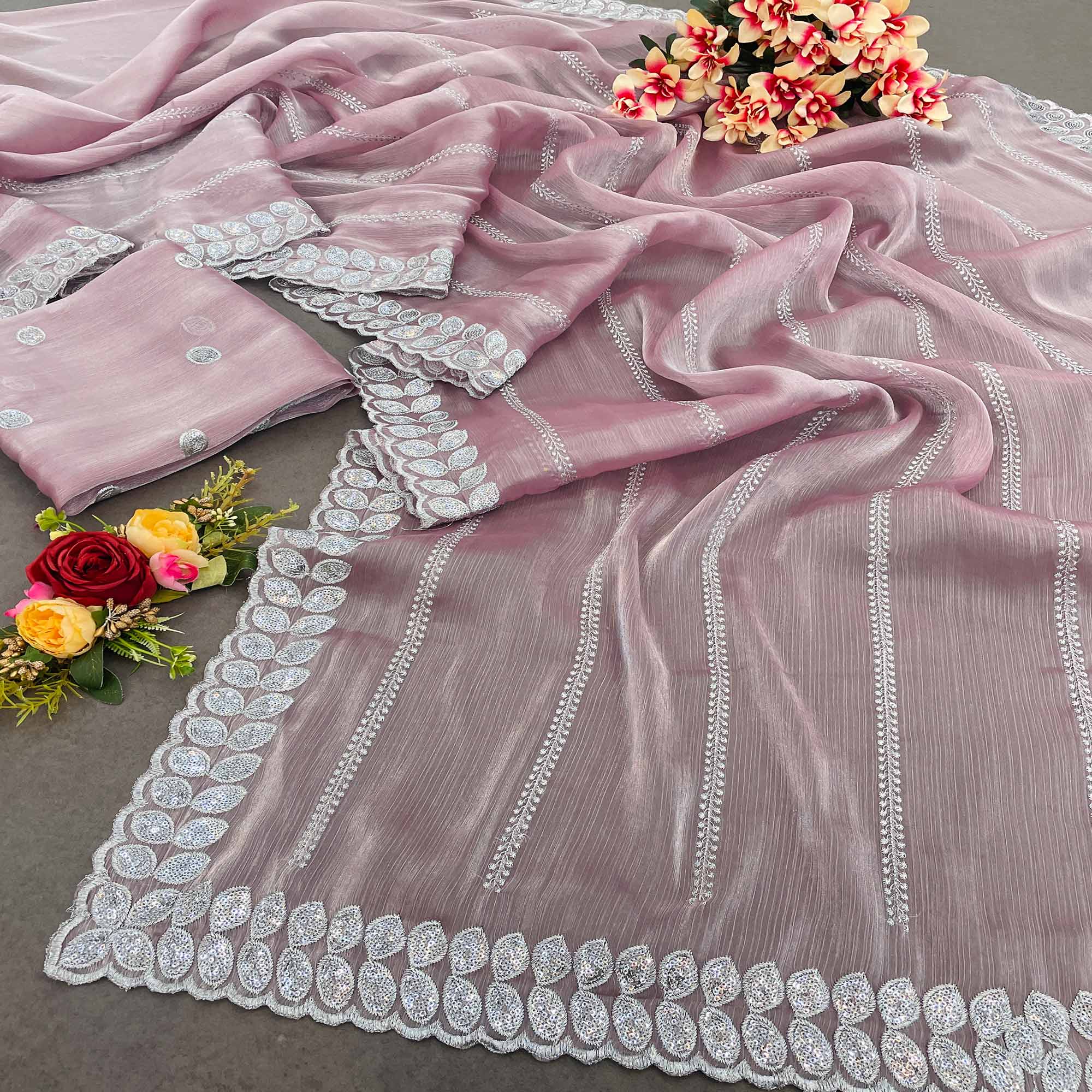 Peachmode Light Mauve Sequins Embroidered Chiffon Silk Saree