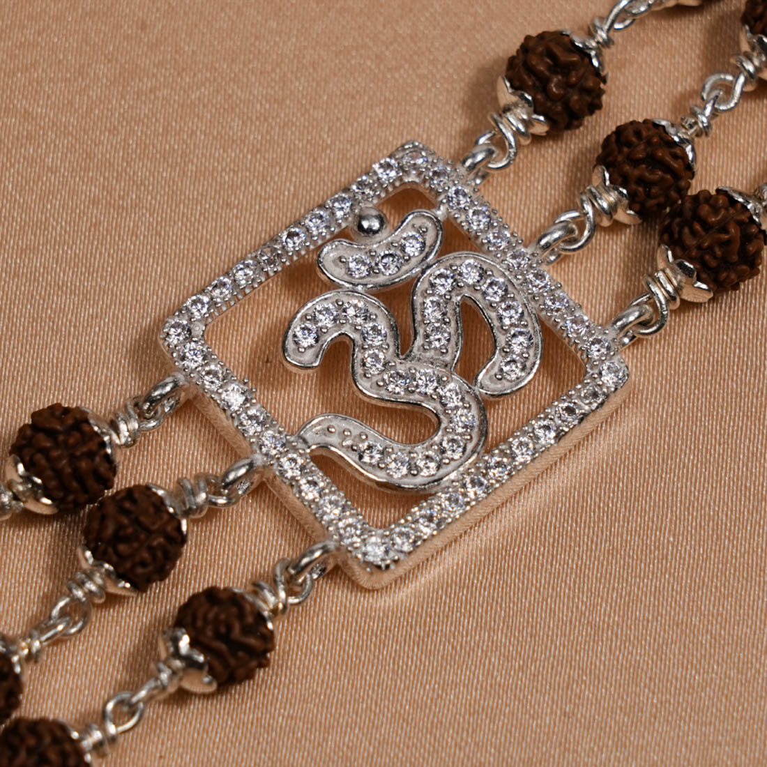 Prinjal Jewellers Rudraksha Silver Om Triple Line Bracelet