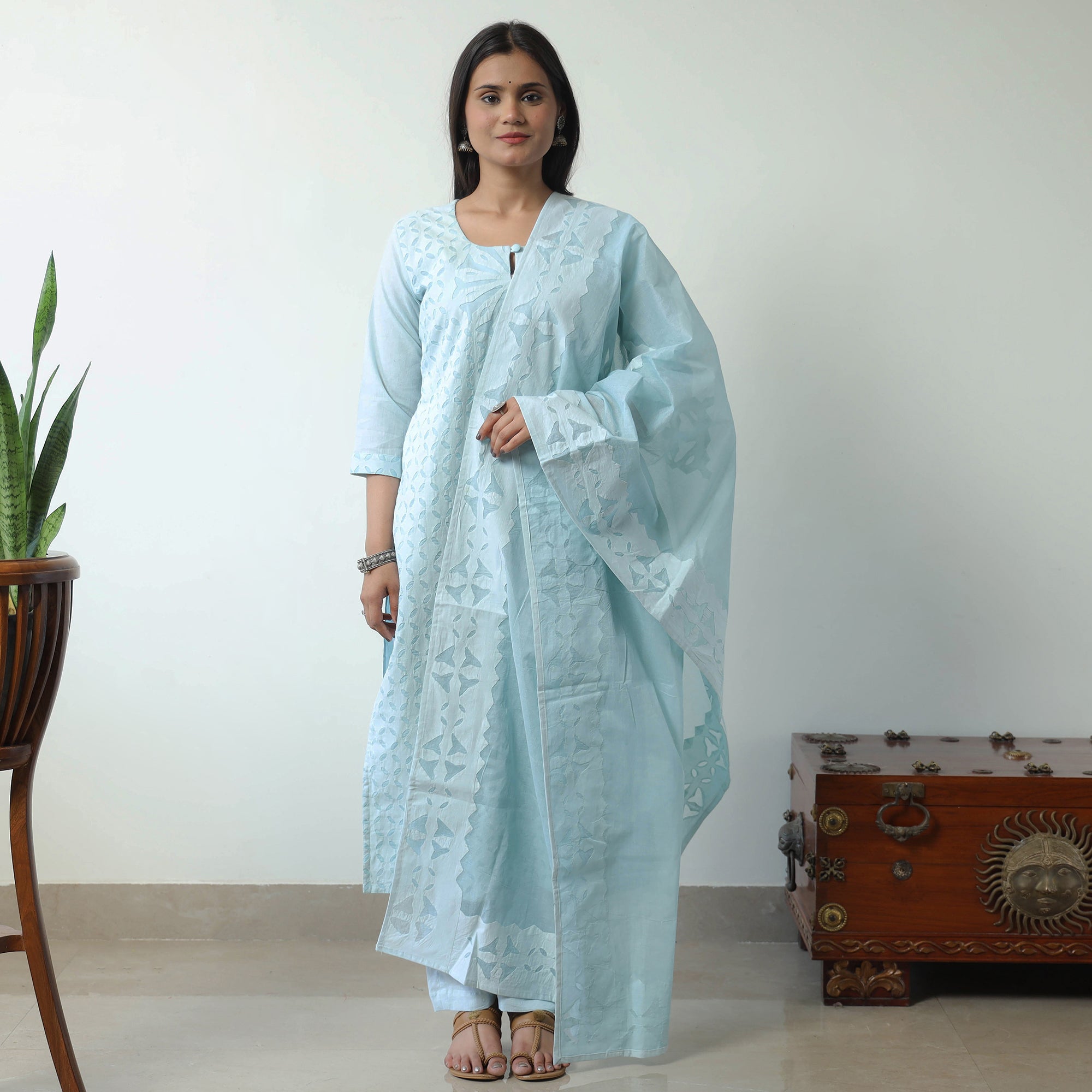 ITOKRI CASUALS Blue - Applique Cut Work Cotton Kurta with Palazzo & Dupatta Set 04