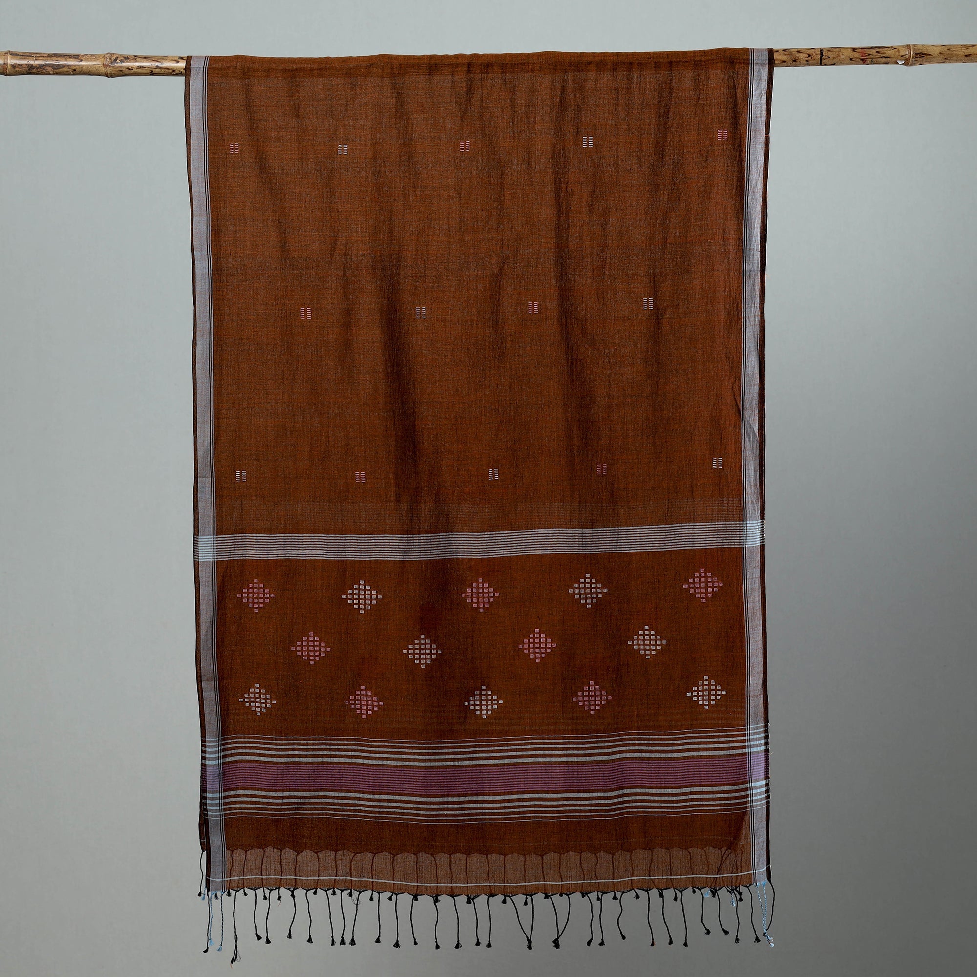 KHUSHBASH - HAPPY LOOM OF EAST Brown - Burdwan Jamdani Cotton Handloom Stole with Tassels 15 - view 2