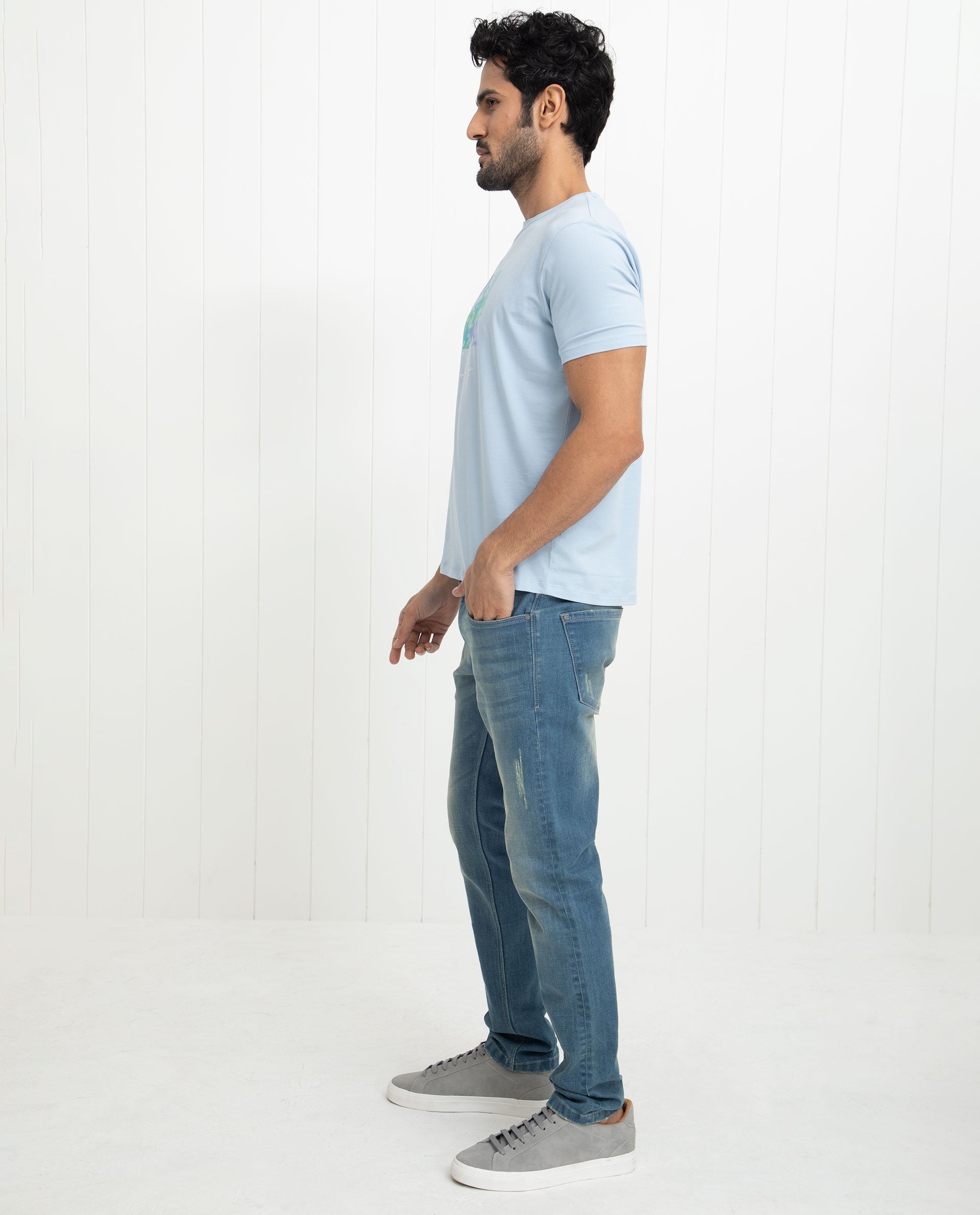 Rare Rabbit Men's Reed Blue Crew Neck Abstract Print With Branding Half Sleeves Slim Fit T-Shirt - view 8