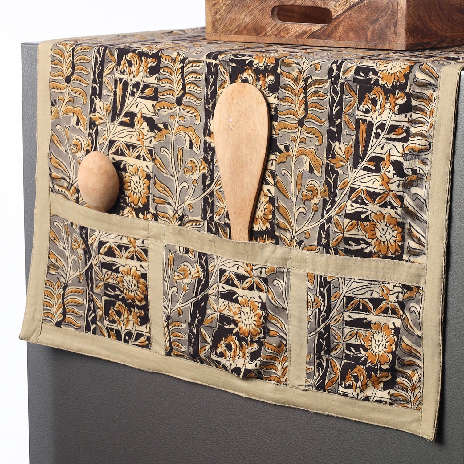 JALPARI Black - Kalamkari Block Printed Cotton Fridge Top Cover with Multiple Pockets - view 2