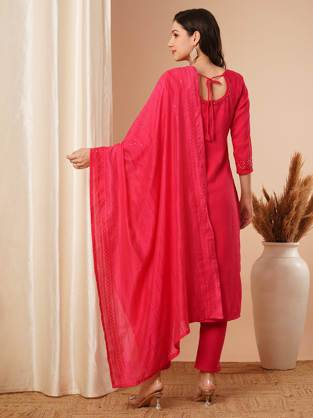 FASHOR Solid Mirror Embroidered Straight Fit Kurta with Pant & Dupatta - Pink - view 6