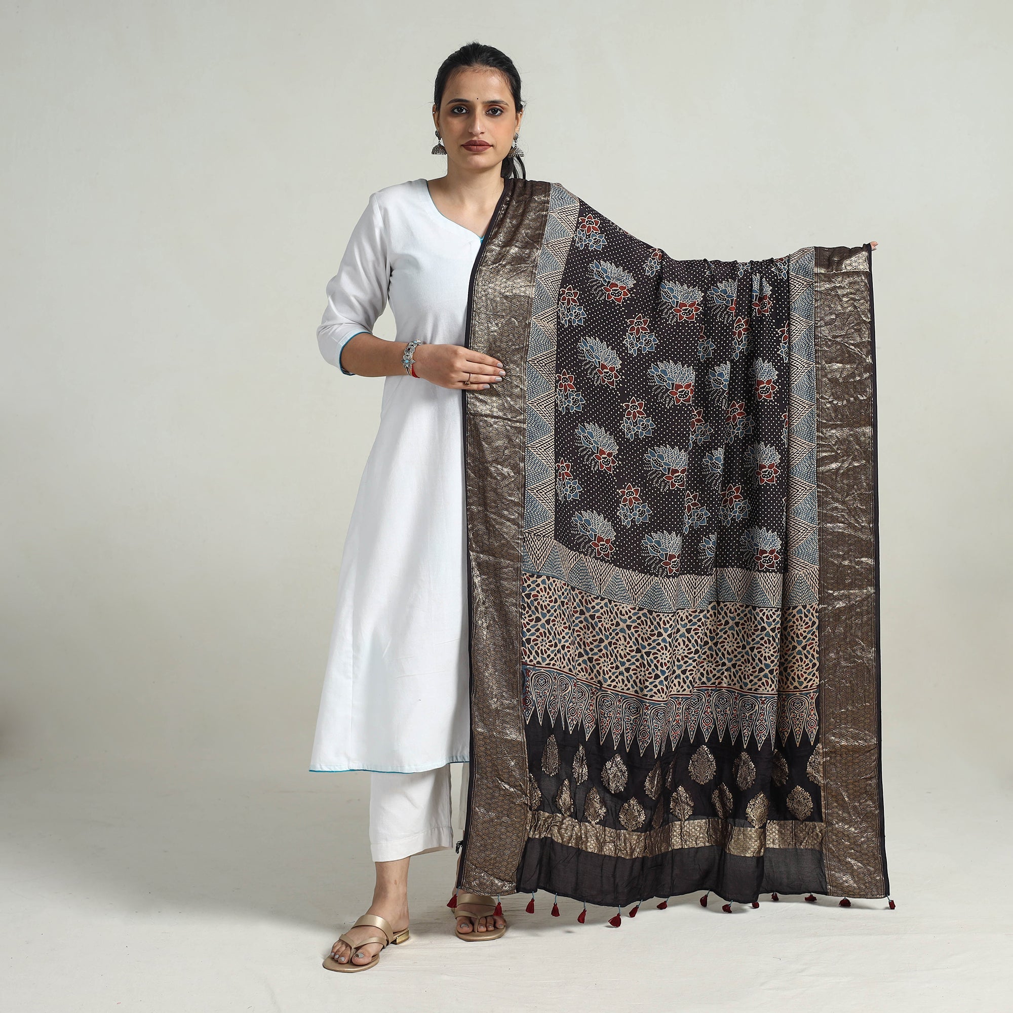 RIYAZ ABDULMAJID KHATRI - AJRAKH Black - Block Print Dola Silk Ajrakh Dupatta 06