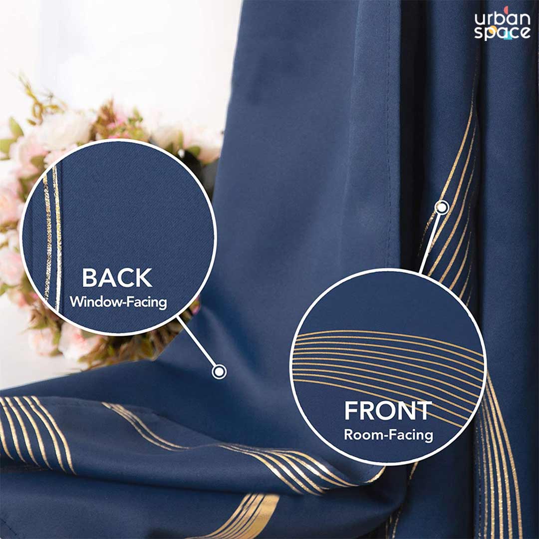 Urban Space -Home Furnishing Store Gold Foil Printed 80-85% Blackout Curtains - Pack of 1 Curtain - Double Wave - Navy Blue - view 4