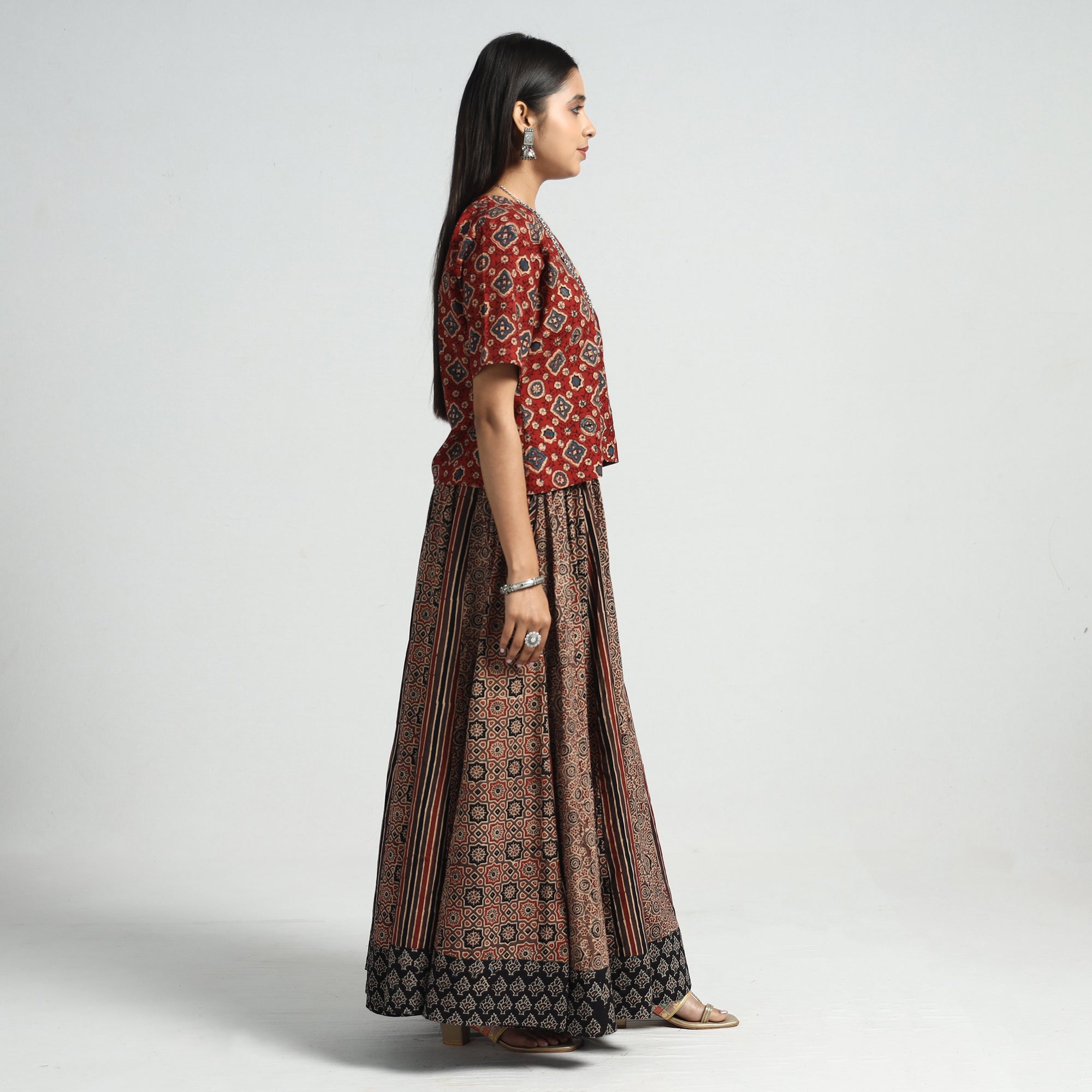 NOORI BAZAR Brown - Ajrakh Block Printed 24 Kali Patchwork Cotton Long Skirt - view 3