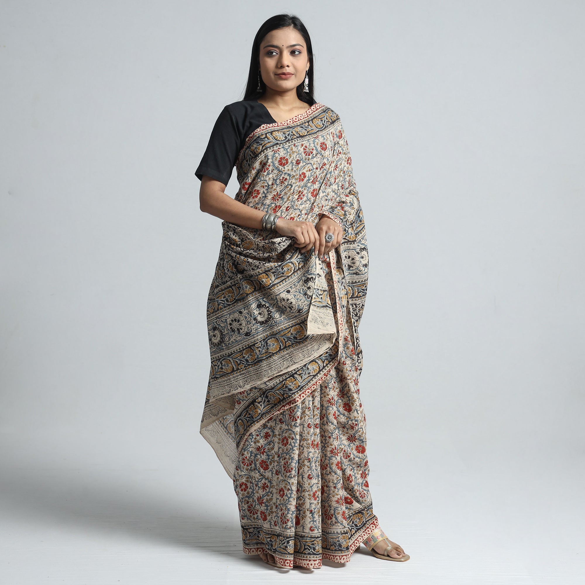 VENKATA BHANU KALAMKARI PEDANA Beige - Pedana Block Print Cotton Kalamkari Saree