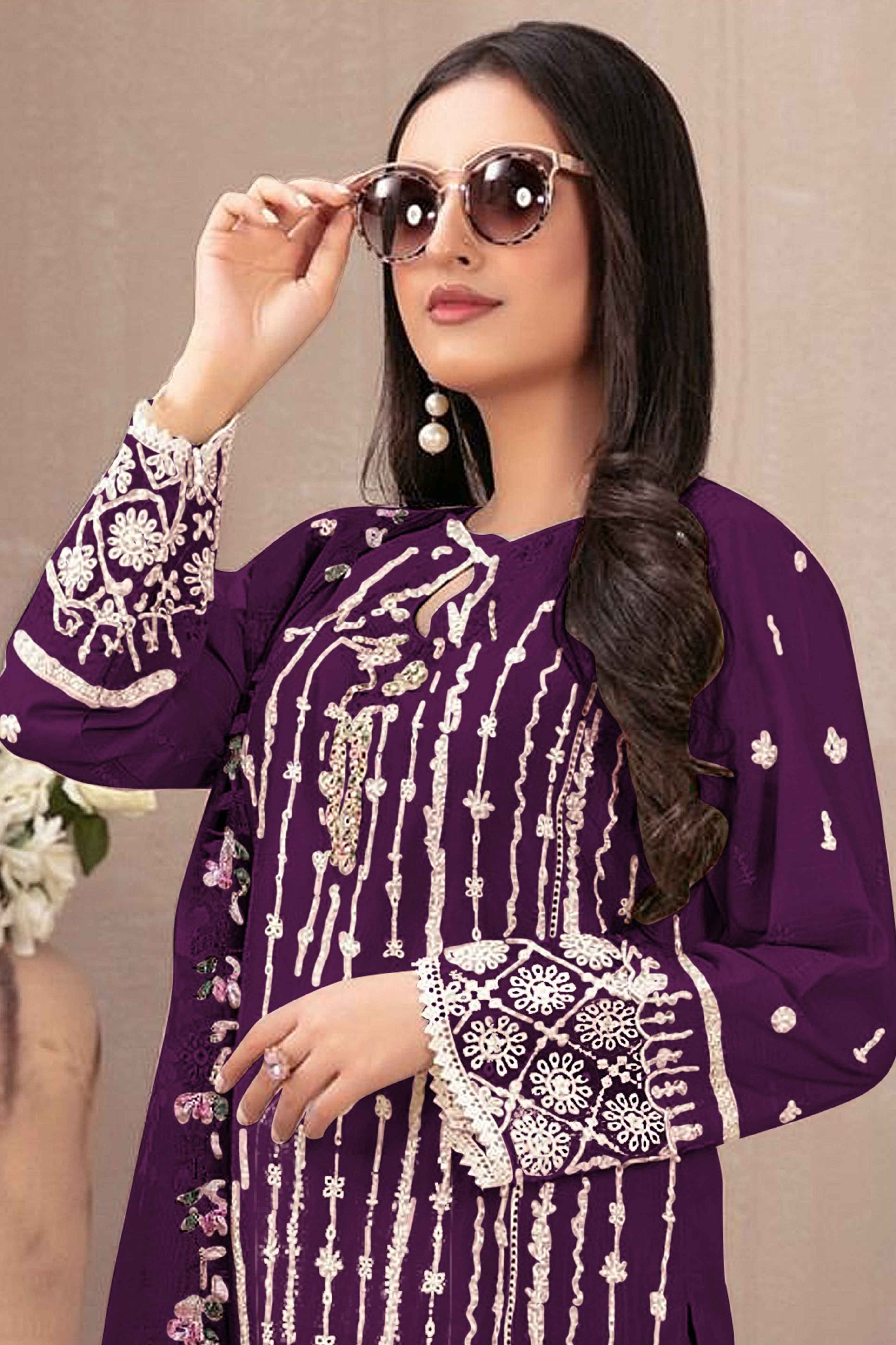 Peachmode Dark Purple Floral Embroidered Georgette Semi Stitched Pakistani Suit - view 3
