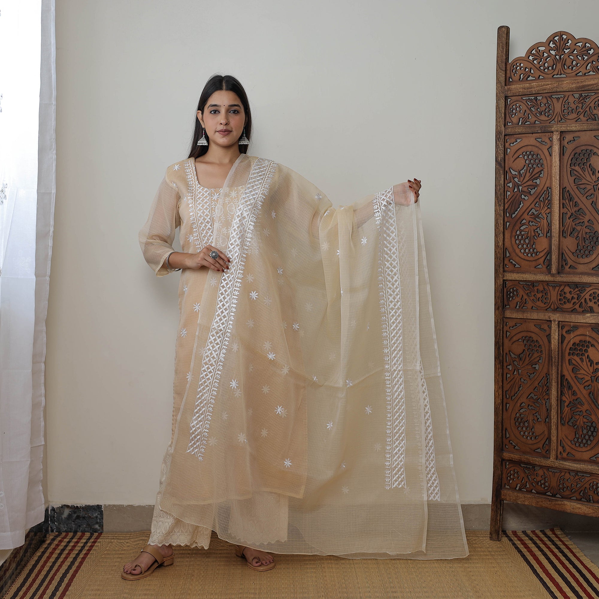 ITOKRI CASUALS Beige - Kota Doria Cotton Embroidery Kurta Suit Set 10