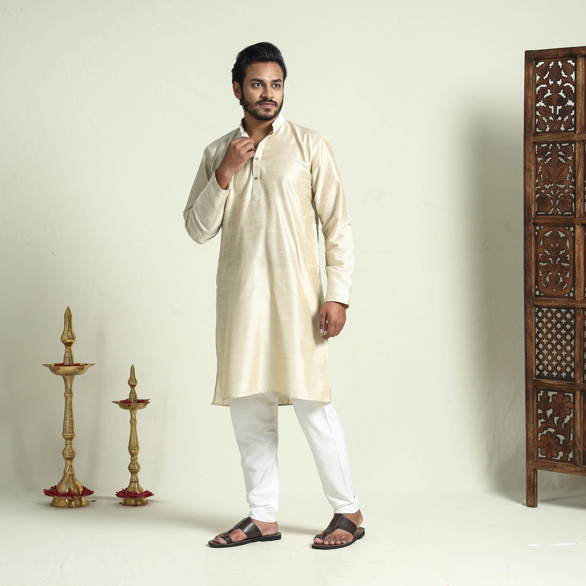 ITOKRI CASUALS Beige - Plain Dyed Slub Silk Men Long Kurta - view 2