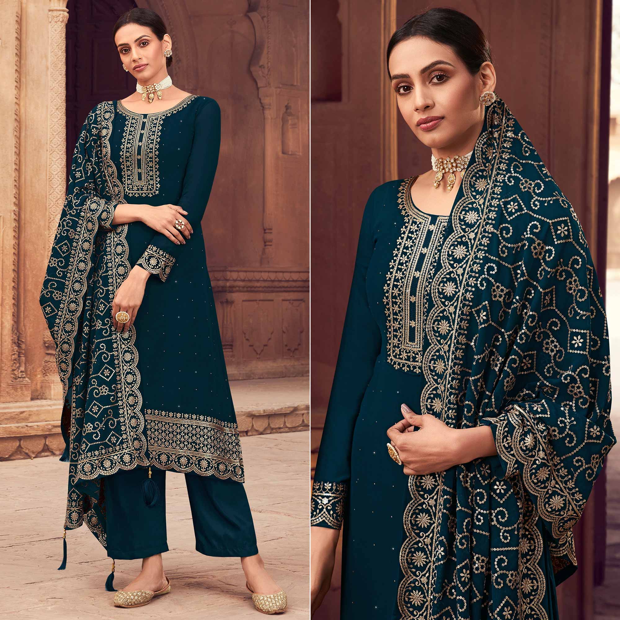 Peachmode Morpich Sequins Embroidered Georgette Semi Stitched Suit