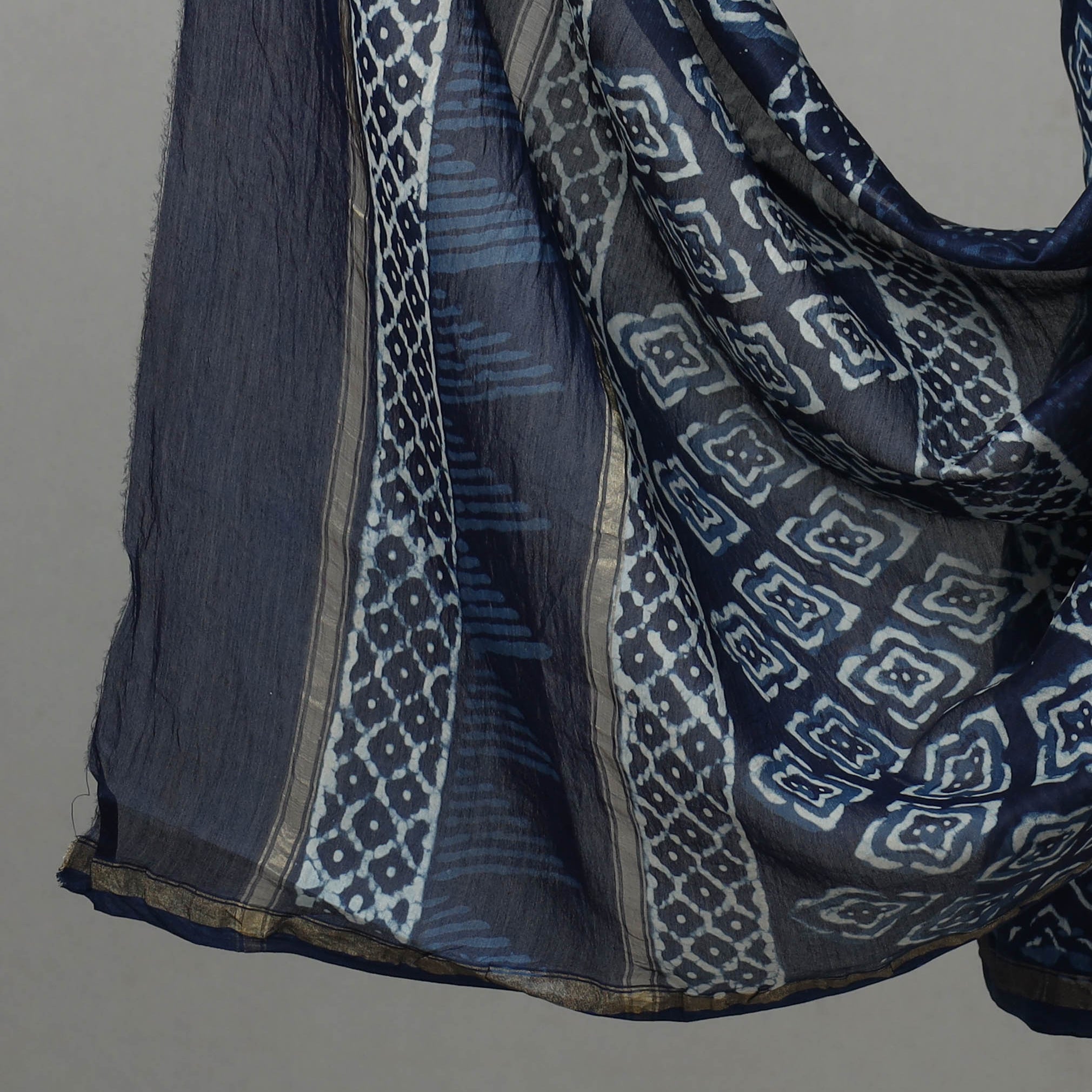 ARTISAN HAND BLOCK PRINTS Blue - 3pc Chanderi Silk Indigo Bagru Print Dress Material 02 - view 4