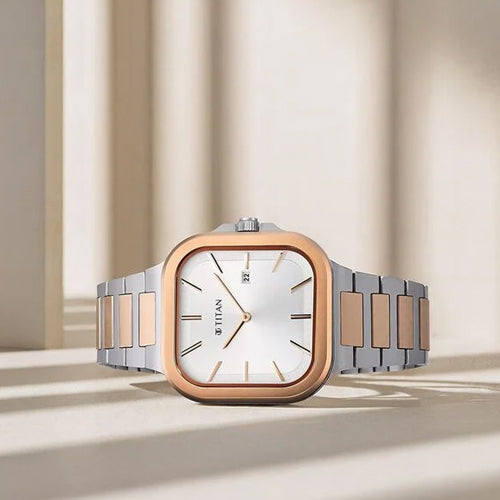 Titan Classique Slim Square Quartz Analog with Date Silver Dial Stainless Steel Strap Watch for Men 41mm 90176KM01 - view 2