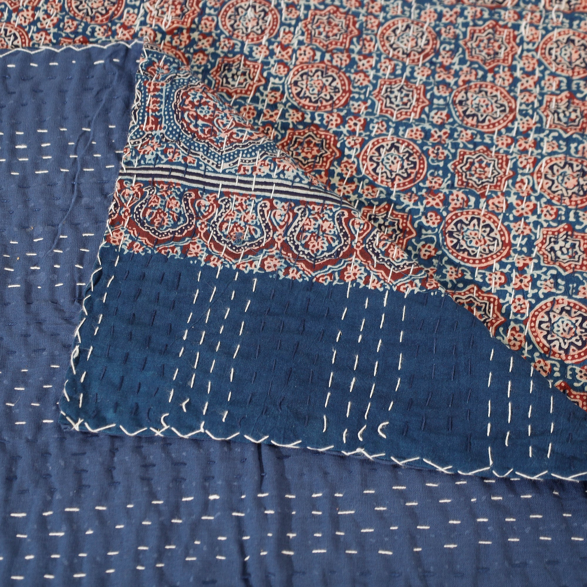 SHADES OF MARUDHARA Blue - Ajrakh Block Printed Kantha Work Cotton Double Bed Cover (105 x 90 in) - view 4