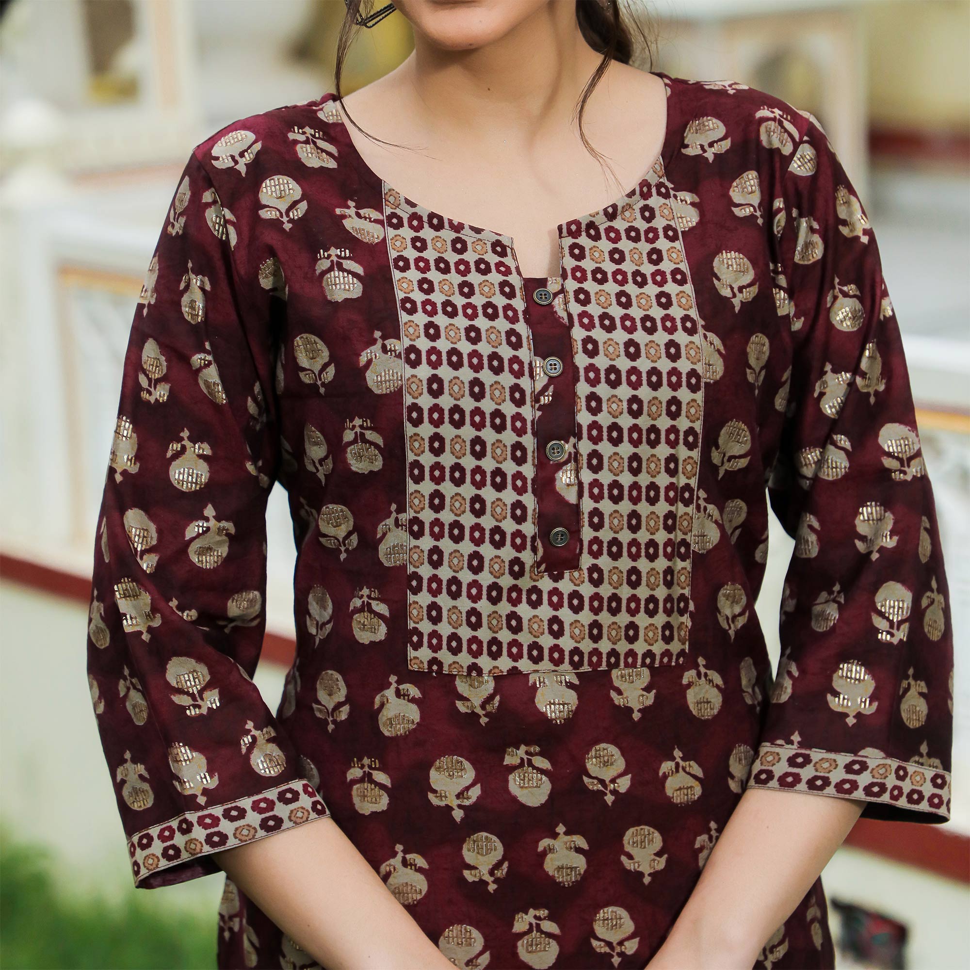 Peachmode Maroon Floral Foil Printed Modal Suit - view 3