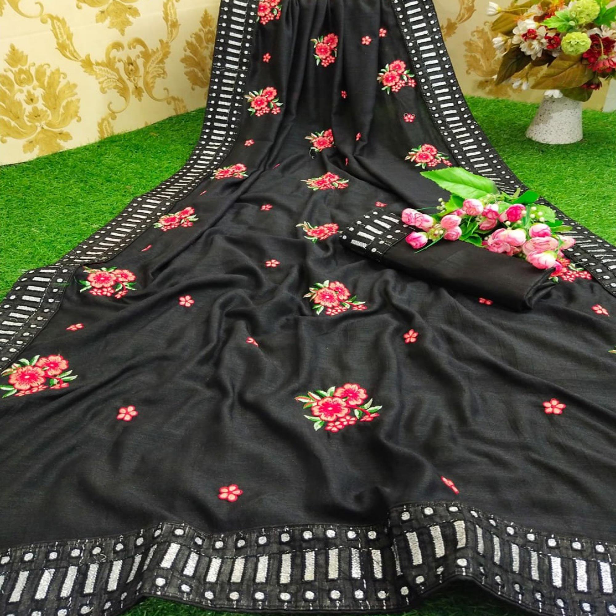 Peachmode Hypnotic Black Colored Partywear Embroidered Pure Vichitra Silk Saree