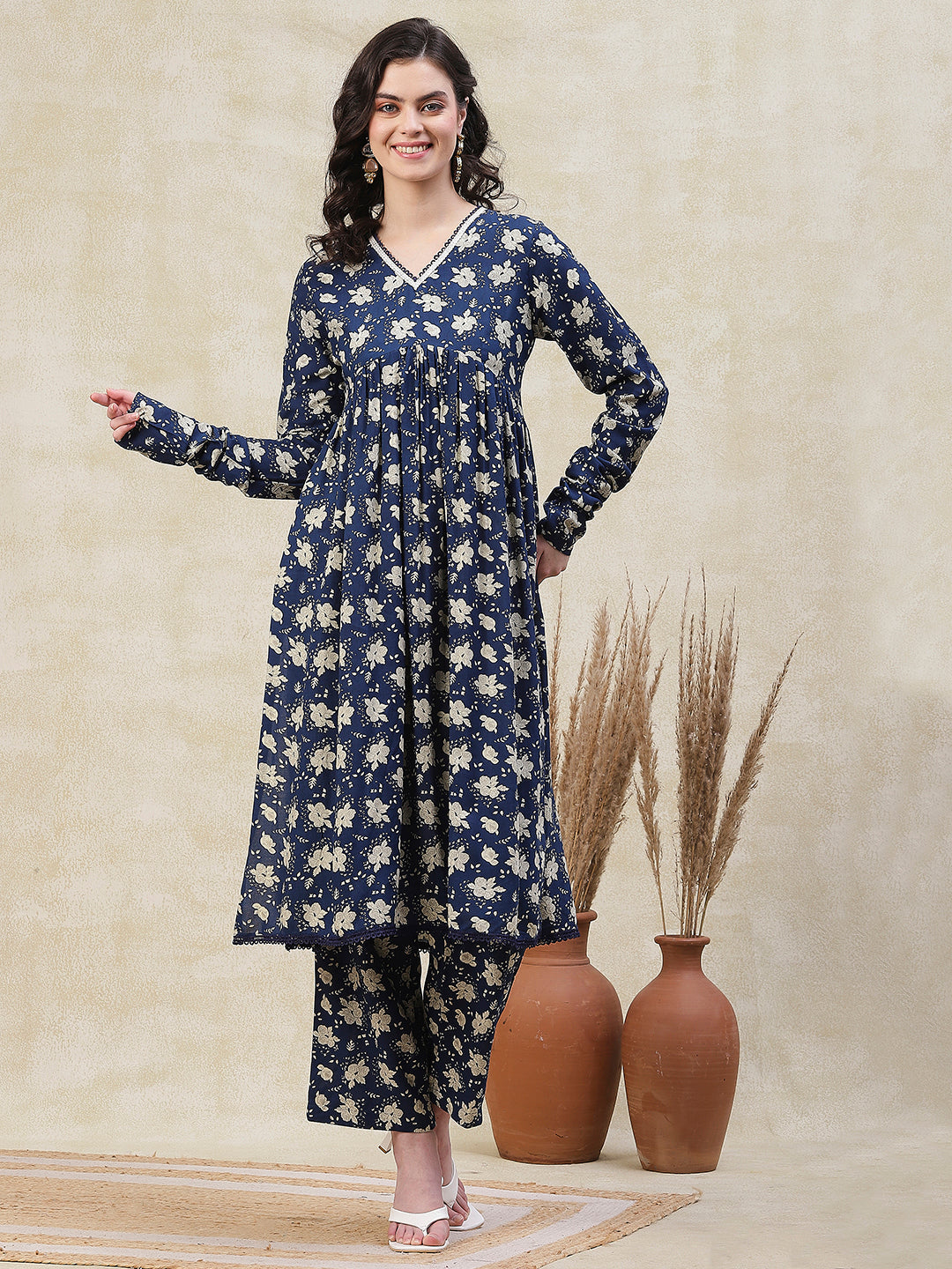 Fashor Floral Printed A-Line Pleated Kurta with Palazzo - Blue