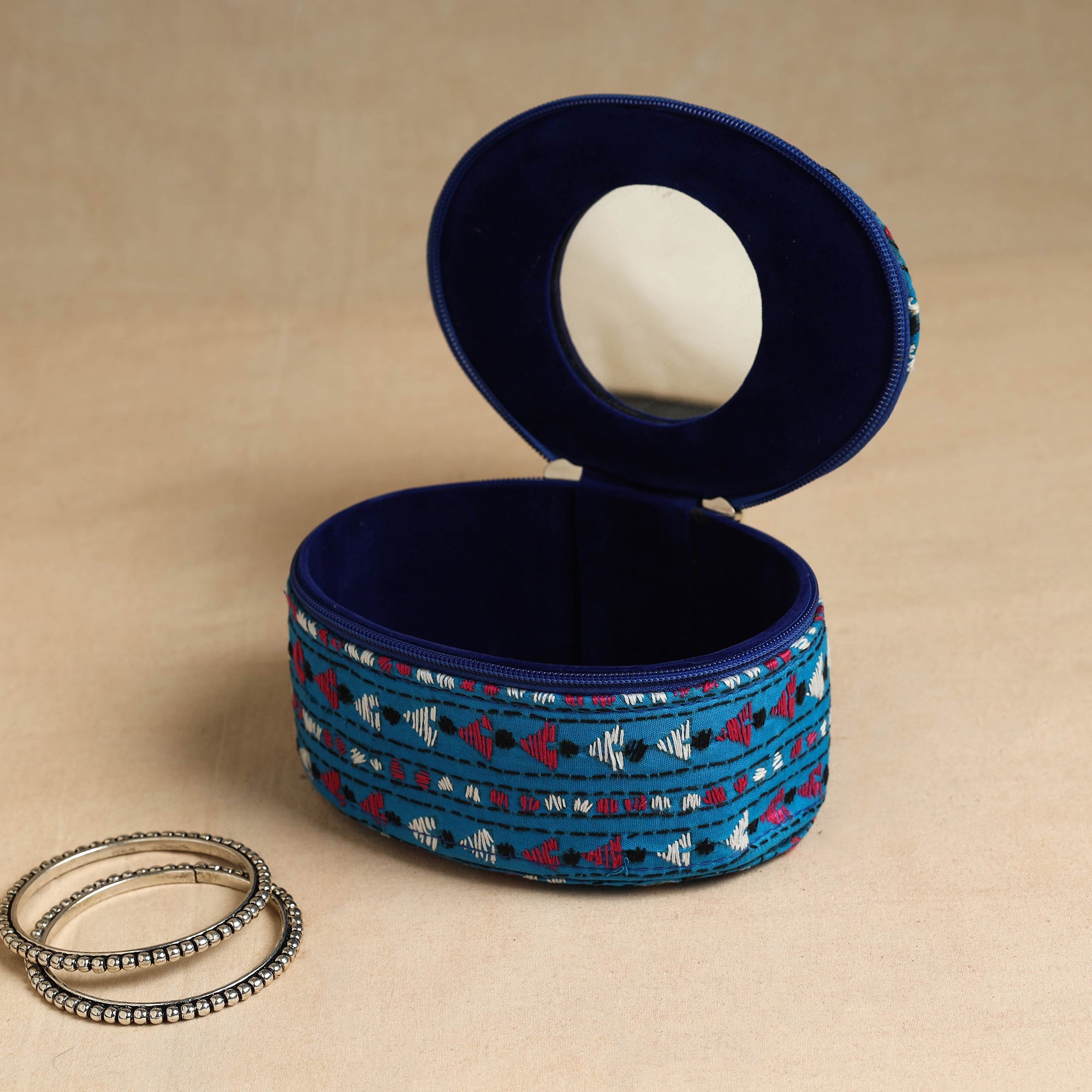 ASALKAAR Blue - Bengal Kantha Work Handcrafted Oval Jewelry Box with Mirror 21 - view 2