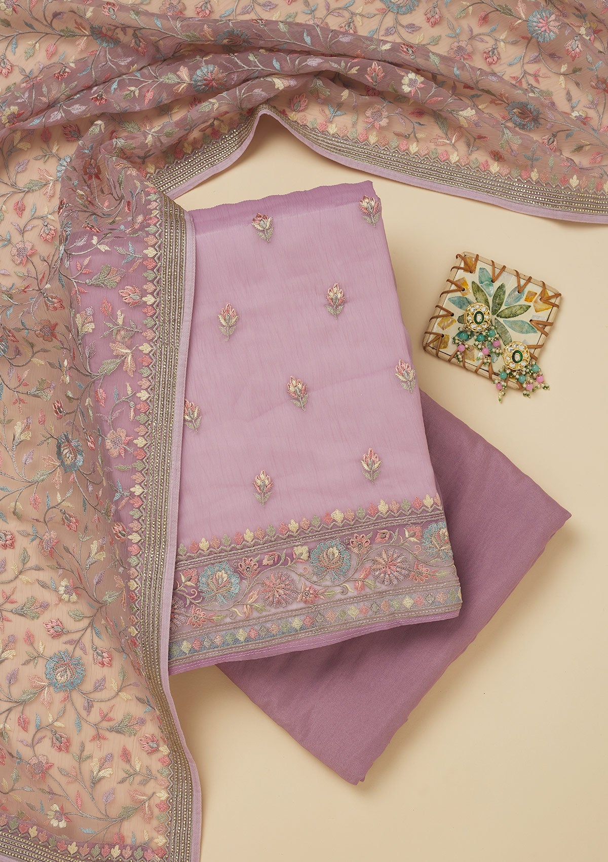 Koskii Lavender Threadwork Chiffon Unstitched Salwar Suit