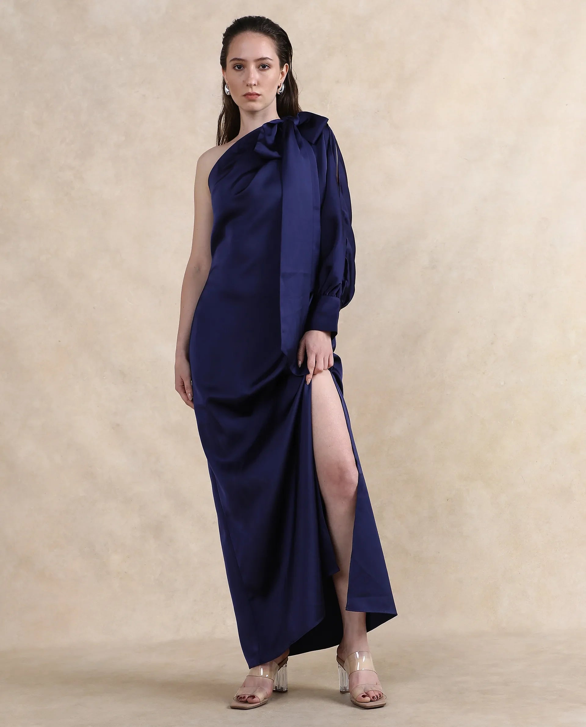 Rareism Women Ankara Navy One Shoulder Straight Fit Maxi Plain Dress