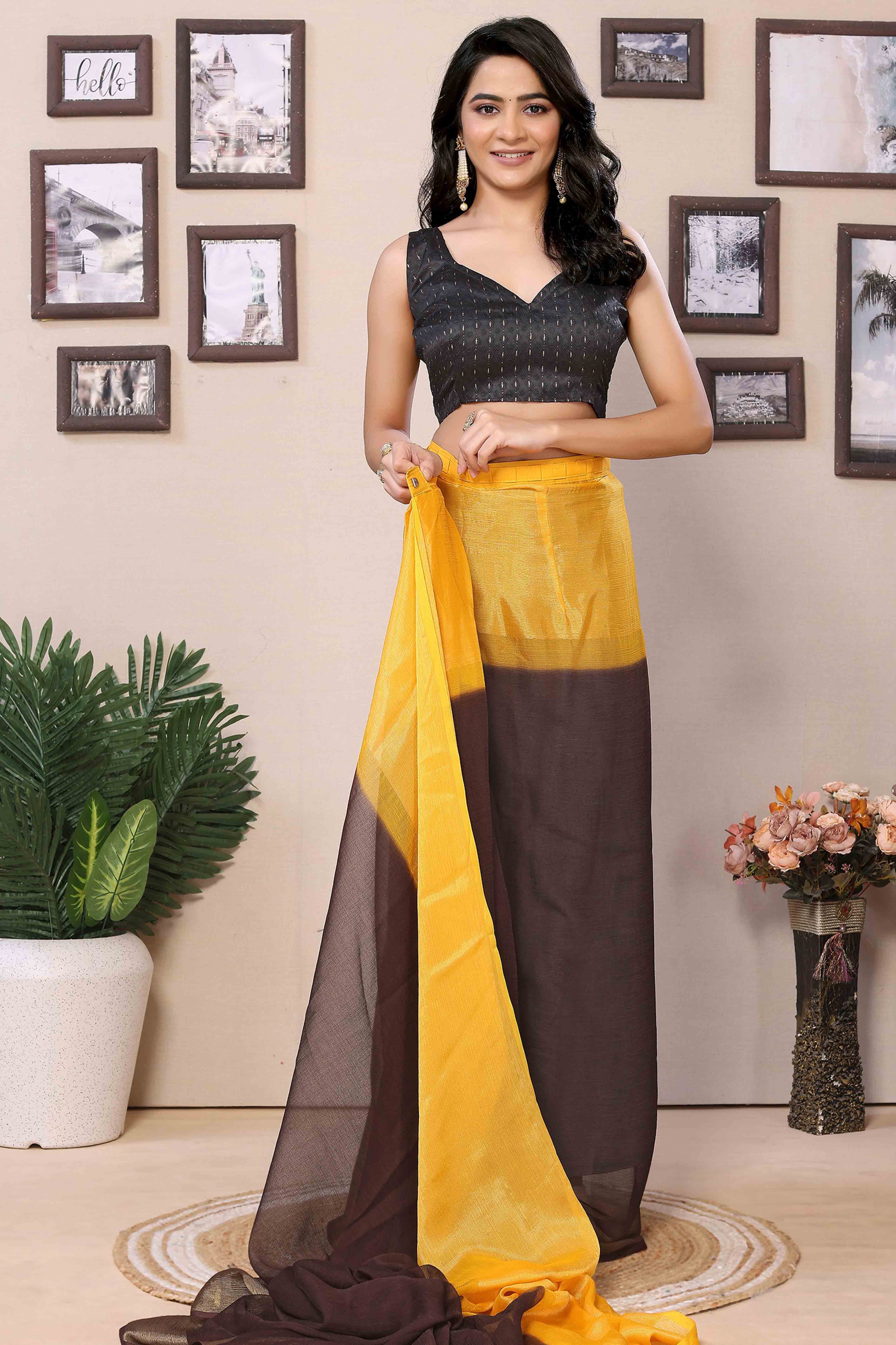 Peachmode Seller Brown & Yellow Solid With Zari Woven Border Chiffon Ready To Wear Ombre Saree - view 5