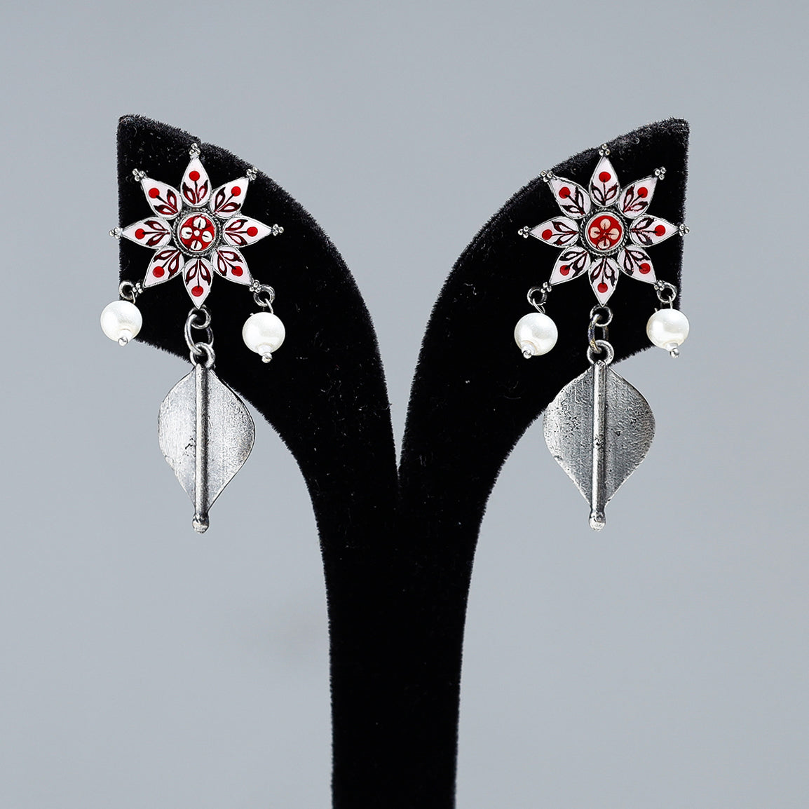 WHITE RIVER STORIES Antique Silver Finish Oxidised Brass Base Enamel Work Earrings - view 2